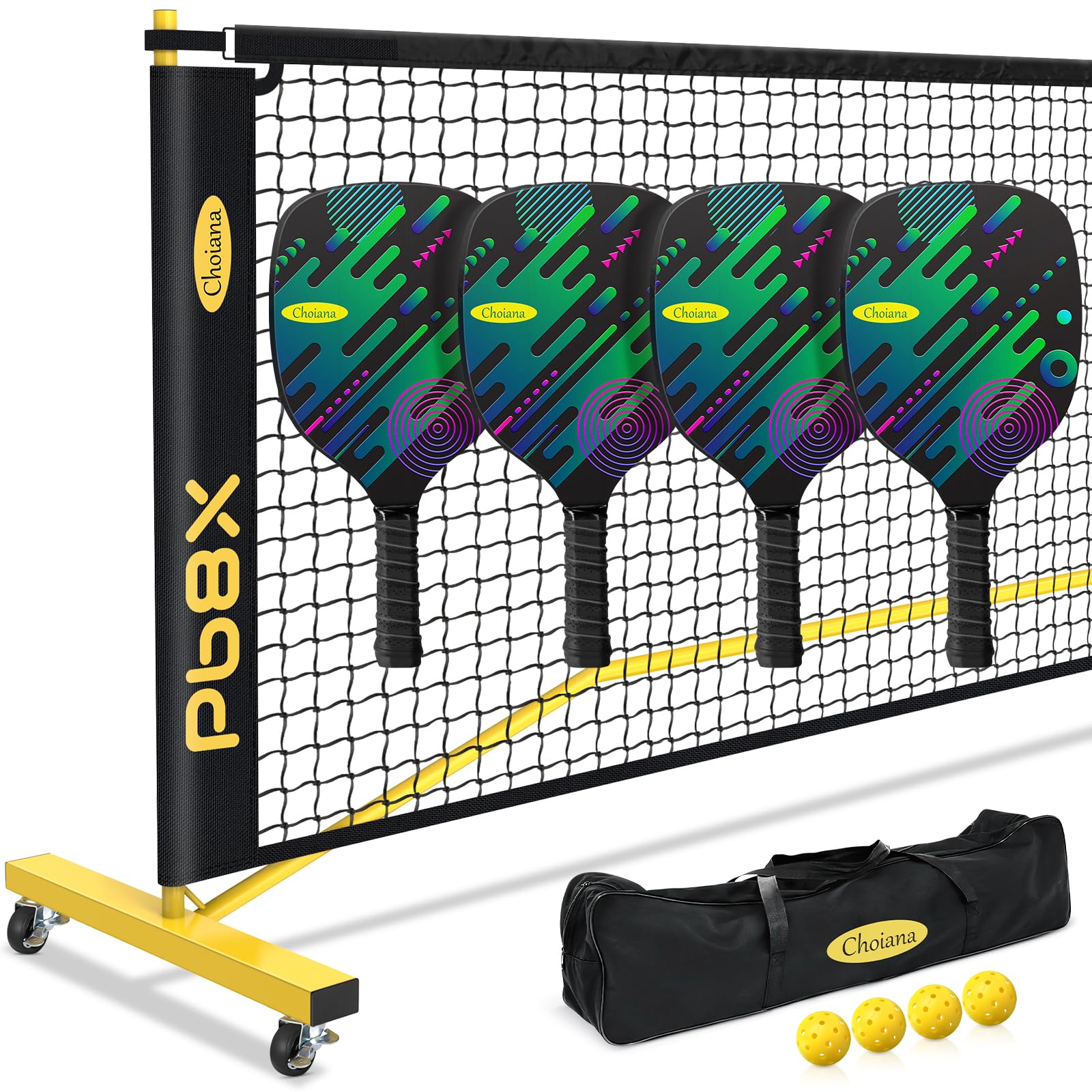 Portable Pickleball Net Set with Wheels - 11ft & 22ft Regulation Size Net, 4 Balls & Paddles Included - Heavy Duty Frame for Backyard, Driveway & Outdoor Sports - Perfect for Family Games, Tournaments and Backyard Fun