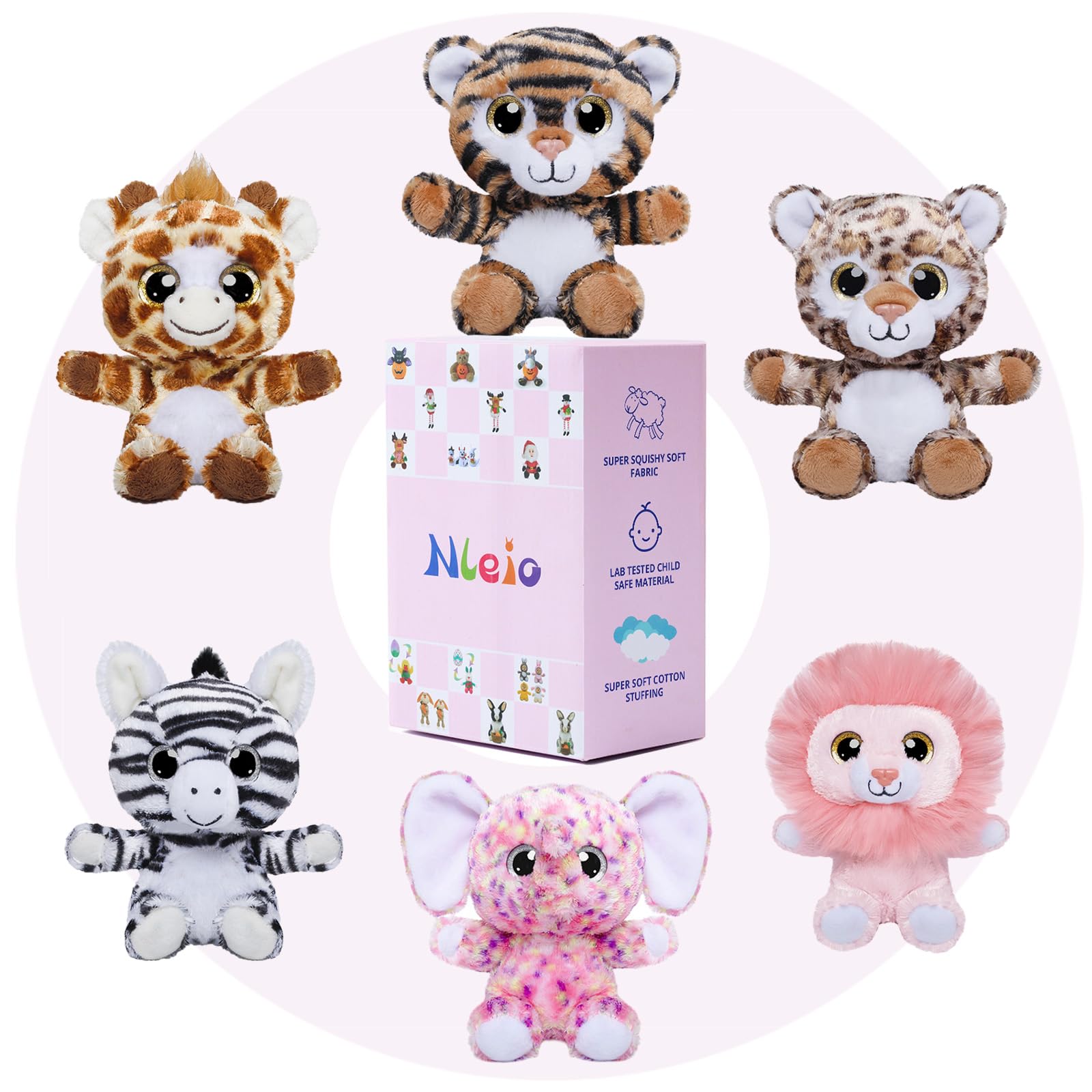 7 Inch Soft Plush Jungle Animals Set - 6 Piece Safari Stuffed Toys (Lion, Giraffe, Elephant, Tiger, Zebra, Leopard) for Kids, Baby Shower Gifts & Nursery Decor - Perfect for Birthday Parties, Room Decorations and Cuddly Playtime