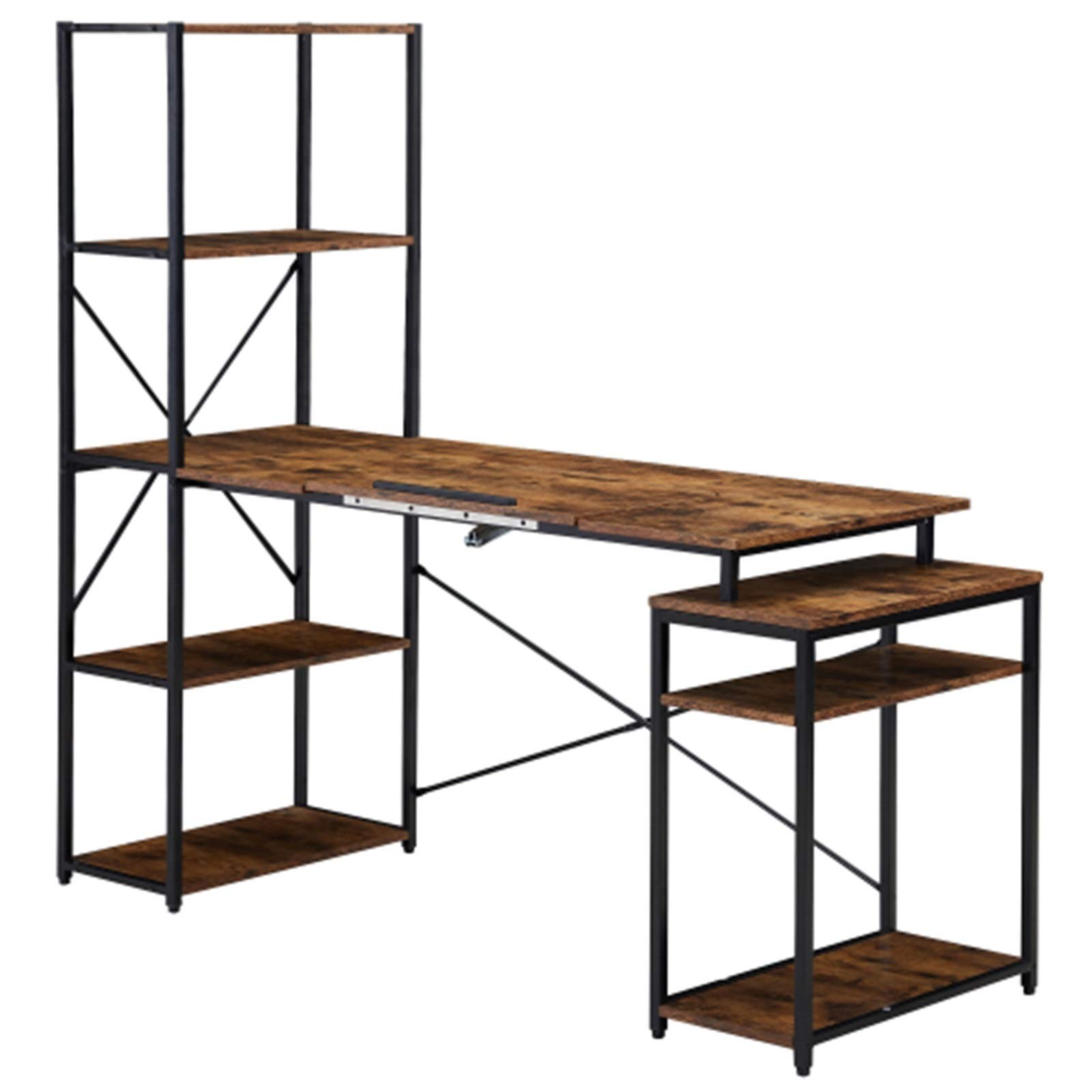 Brown 5-Tier Bookshelf Computer Desk with Tiltable Desktop - Multi-Functional Home Office Desk for Study, Drawing & Work - Perfect for Artists, Students & Remote Workers