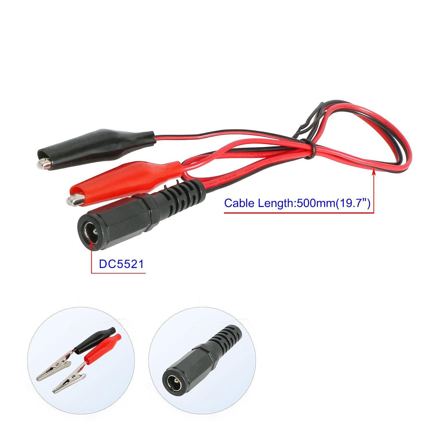 2 Pack 24V/12V 5A DC Power Adapter Cable with Female DC5521 (2.1x5.5mm) Connector & Alligator Clips - for CCTV Security Cameras, LED Lighting & Electronics - Black