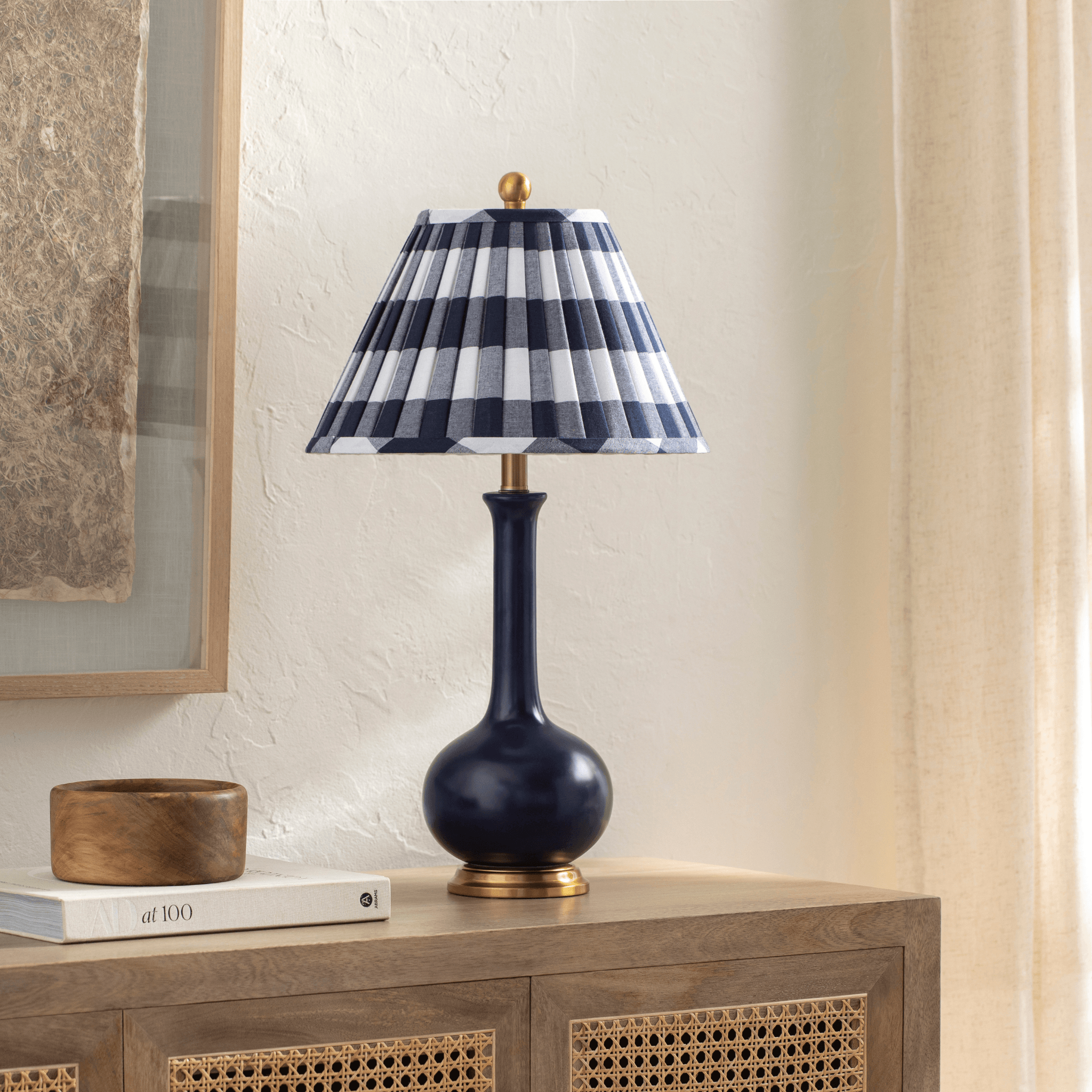 Blue Glazed Ceramic Table Lamp with Buffalo Plaid Shade - Modern Farmhouse Bedside Lighting for Living Room, Bedroom & Office Decor