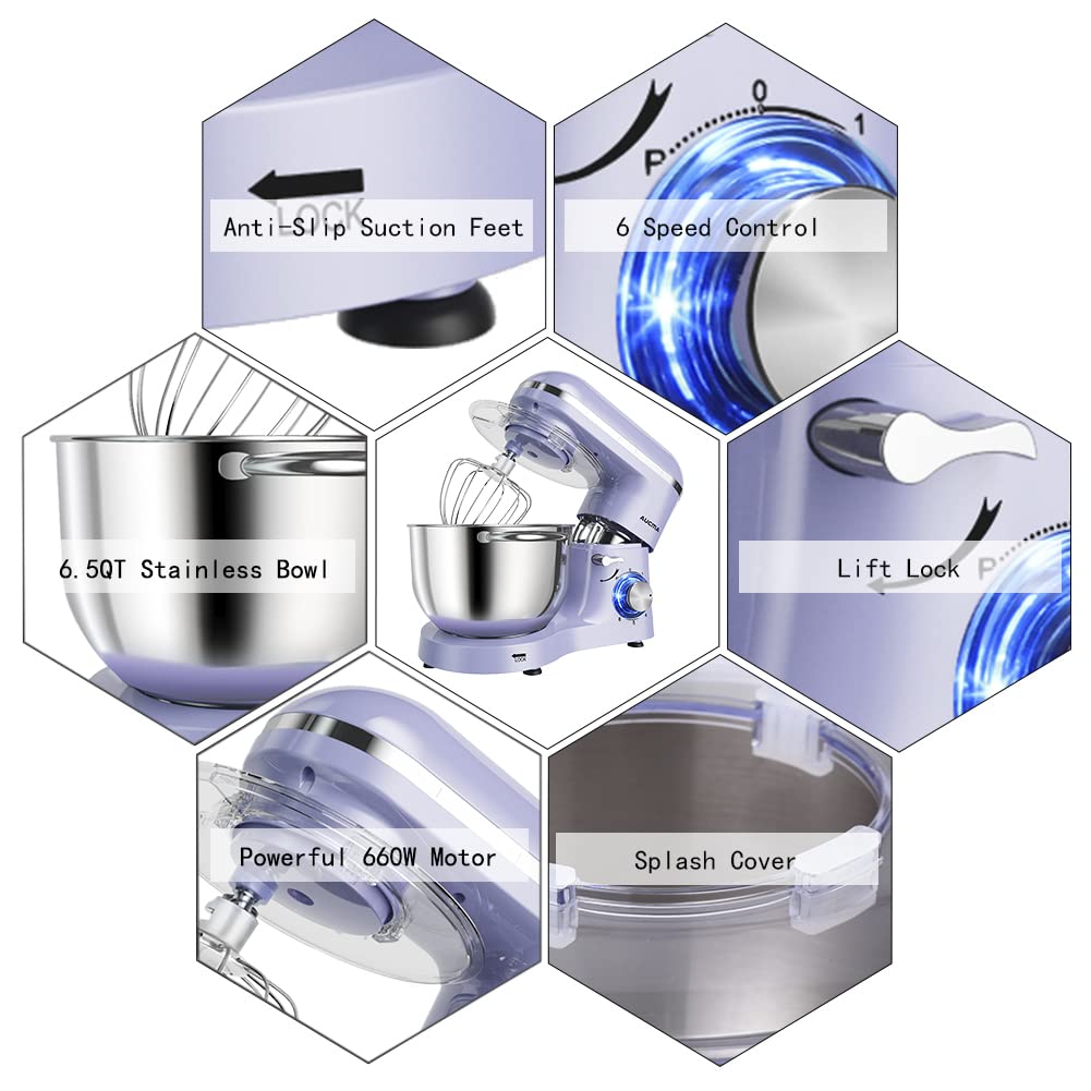 Aucma 6.5-QT 660W Stand Mixer - 6-Speed Tilt-Head Electric Kitchen Mixer with Dough Hook, Wire Whip & Beater (Lavender) - Perfect for Baking Cakes, Cookies, Bread & More