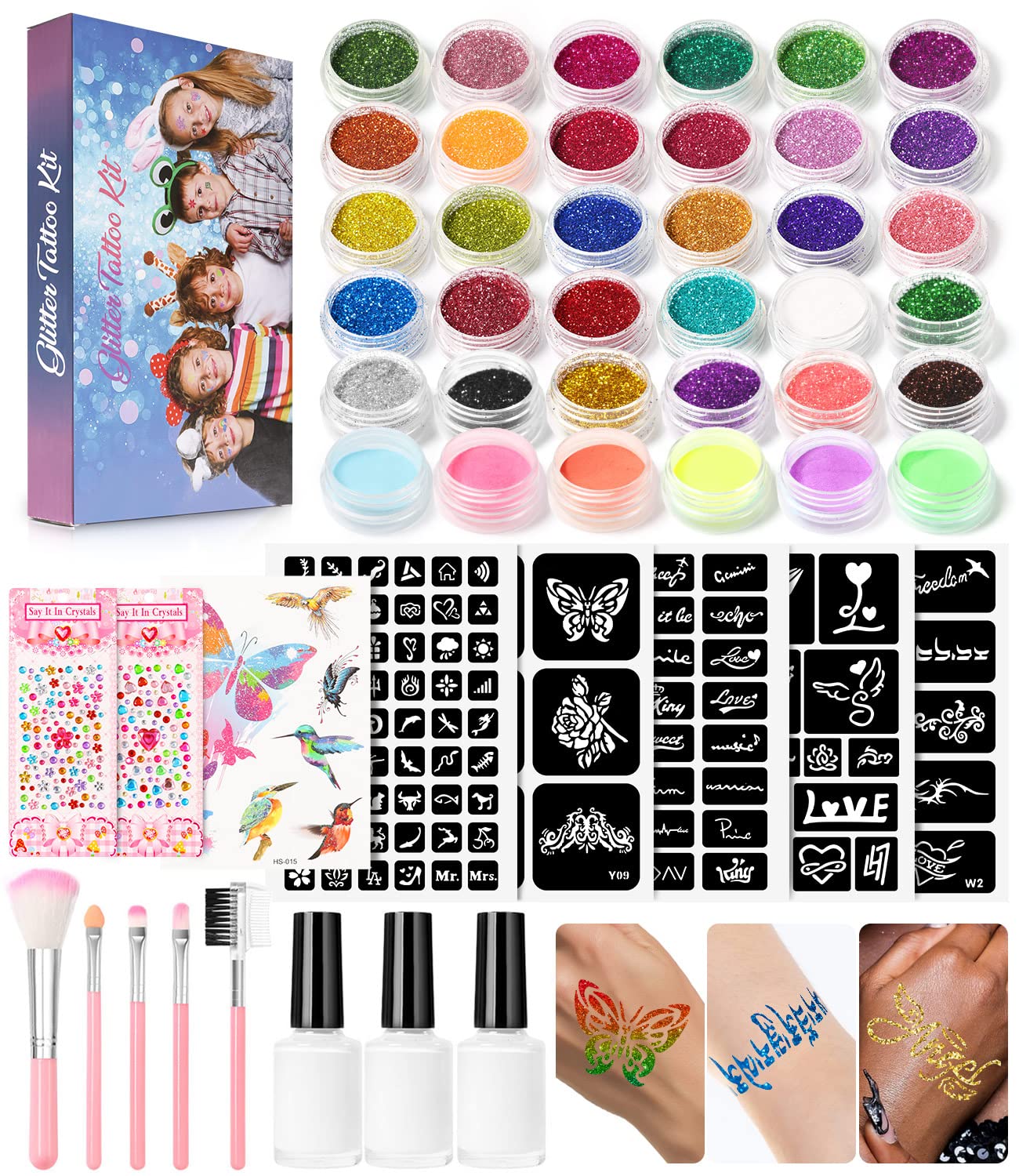 Glitter Tattoo Kit for Kids - 30 Body Glitters, 3 Glitter Glues, 5 Tattoo Stencils, 5 Makeup Brushes, 6 Fluorescent Powders, Butterfly & Rhinestone Stickers | DIY Face & Body Art for Parties, Halloween & Cosplay