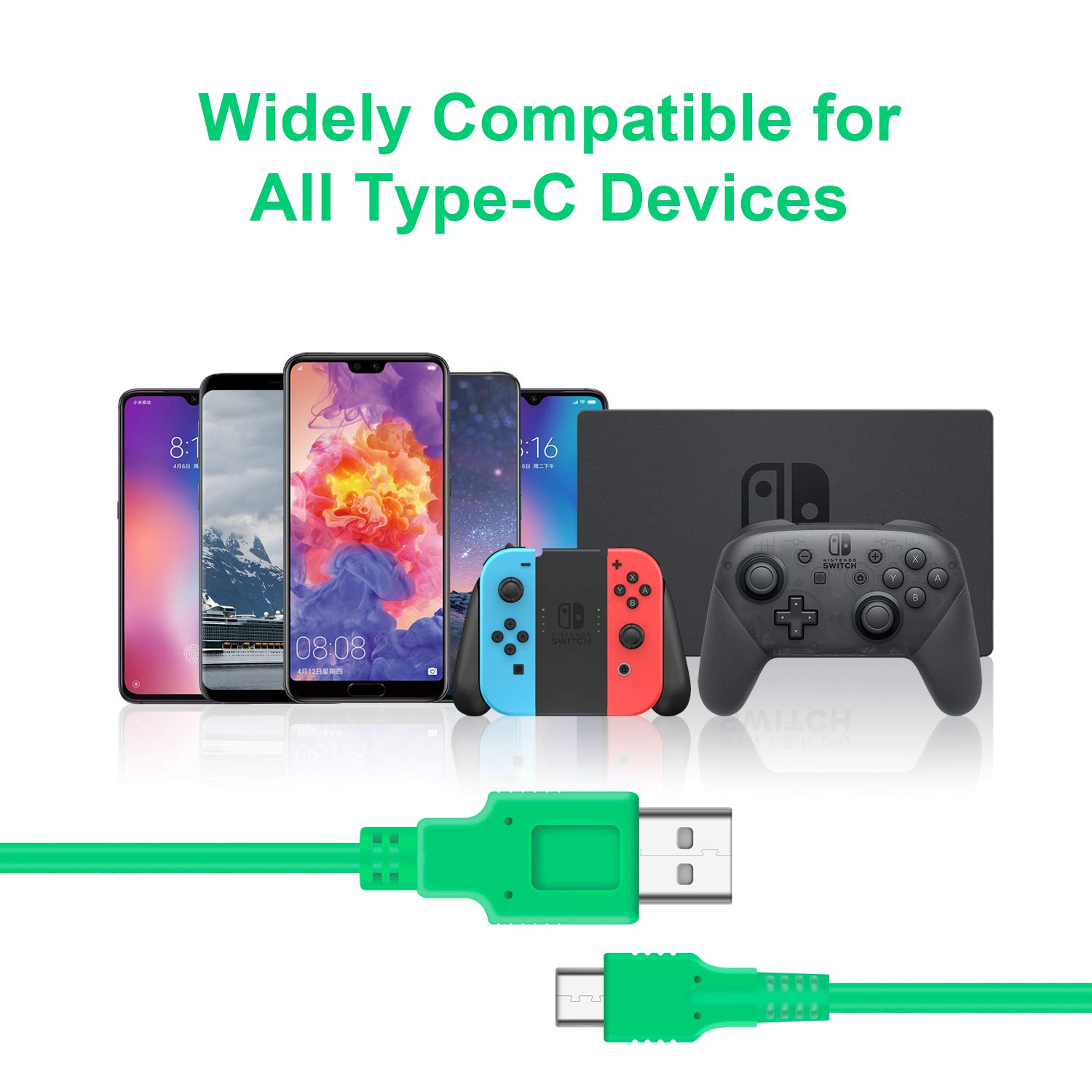 ECHZOVE Fast Charging Cable for Nintendo Switch & Pro Controllers - 4.92ft Green USB-C Cord | Perfect for Gaming at Home or On-The-Go