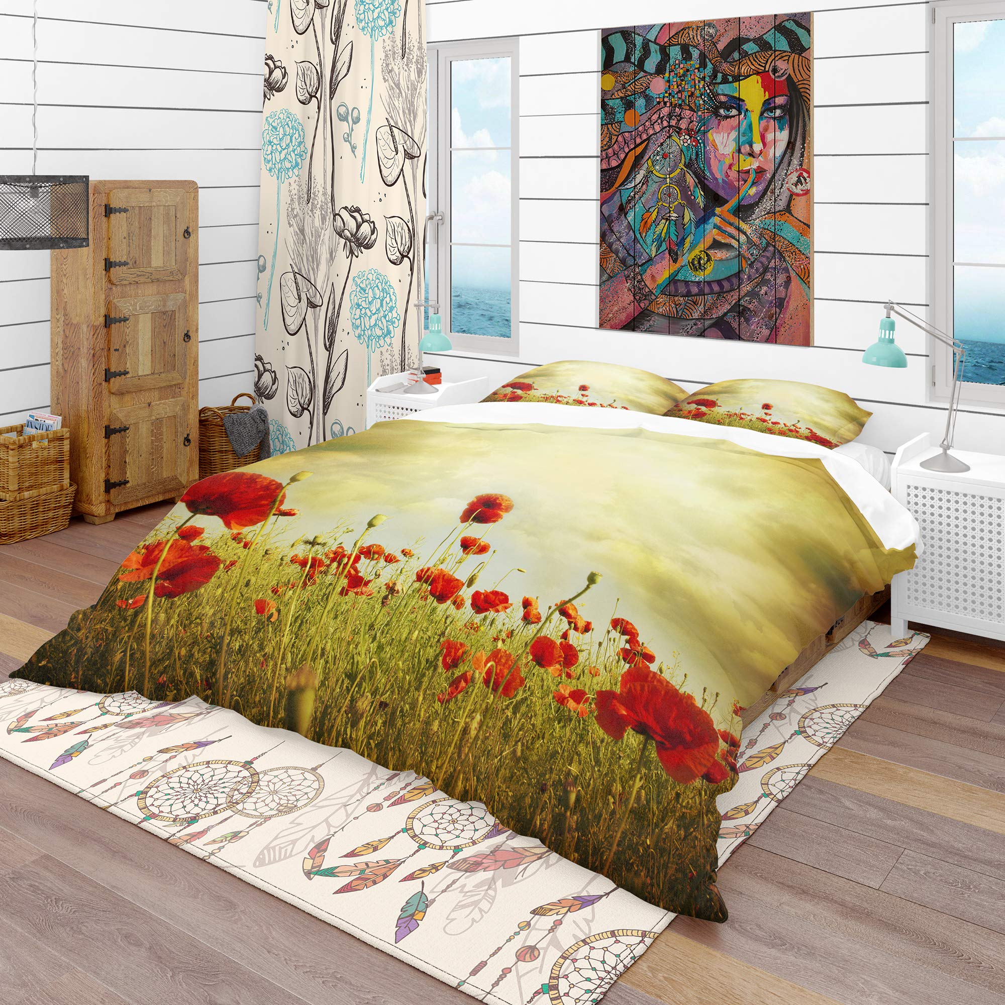 DesignQ Red Poppies on Grunge Background Nautical & Coastal Duvet Cover Set - King Size Floral Bedding 3-Piece Set for All Seasons | Perfect for Beach House, Coastal Decor & Master Bedroom