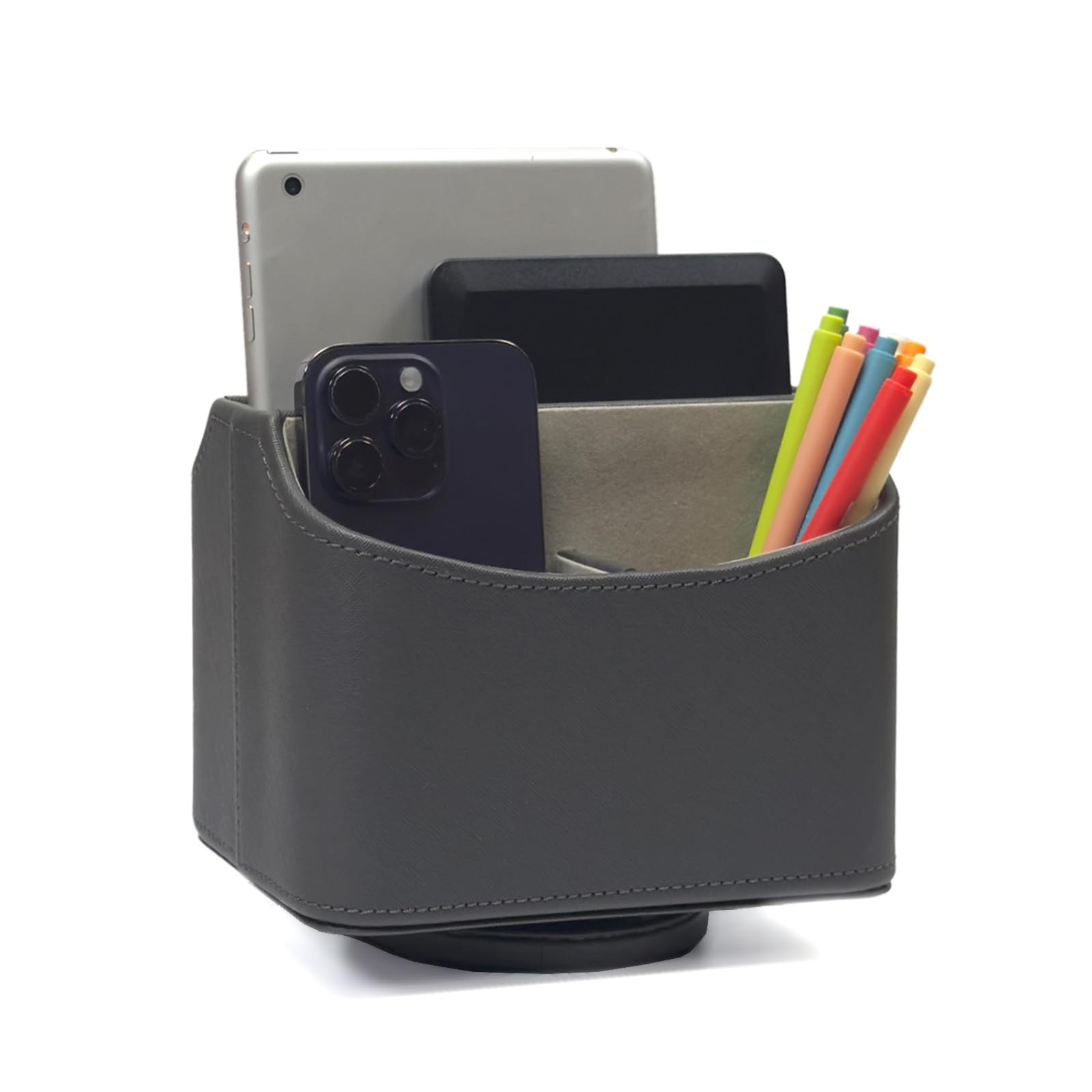 360° Rotating Desk Organizer - Spinning Desktop Organizer for TV Remote, Mail, Magazines & Media Storage | Space-Saving Grey Office Accessory | Perfect for Home Office, Living Room & Workspace Organization