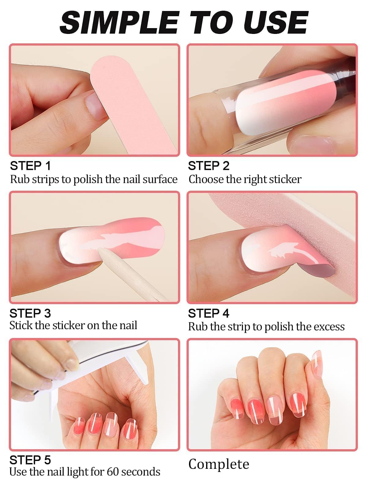 Kalolary Pink Gel Nail Polish Strips - DIY Gradient Nail Art Stickers | Waterproof Full Nail Wraps Decal Kit with Cuticle Stick & Nail File | Perfect for Summer Manicures, Parties & Special Occasions
