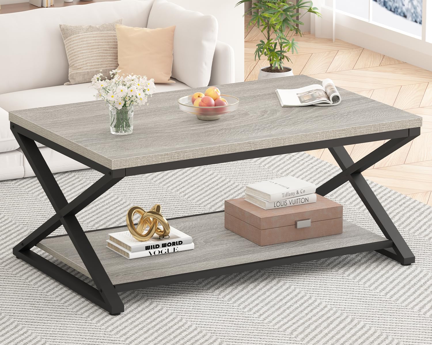 HSH Rustic Grey Coffee Table - Modern Minimalist 2-Tier Living Room Table with Storage Shelf, Industrial Style Metal & Wood Center Table for Home, Office, Bedroom - 39 Inch Rectangle Cocktail Tea Table - Perfect for Small Spaces, Entertaining Guests, and Stylish Home Decor