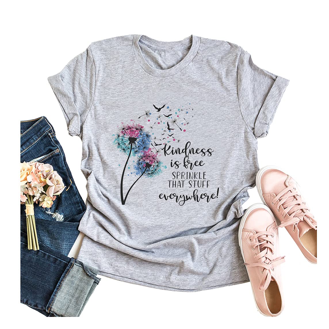 IOEGW Women's Kindness Dandelion Bird Graphic T-Shirt - Funny Inspirational Letter Print Tee for Casual Wear & Everyday Outfits