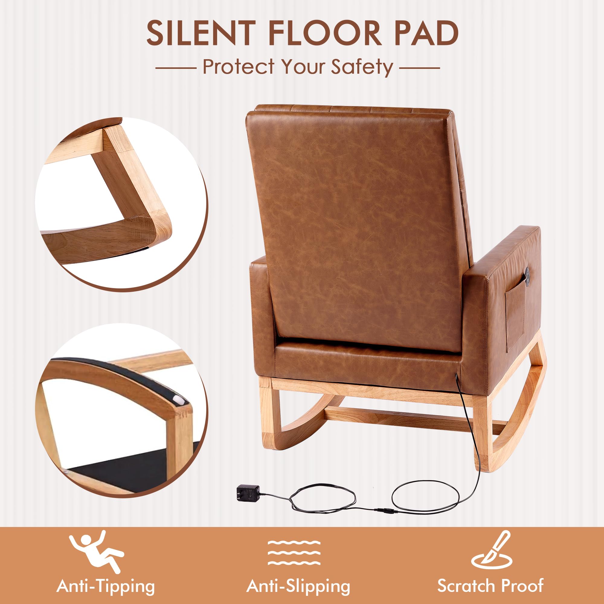 VECELO Modern Leather Rocking Chair with USB Port & Side Pocket - High Back Upholstered Nursery Glider Accent Rocker with Wood Legs for Living Room, Bedroom, Nursery - Perfect for Nursing, Relaxing & Reading (Brown)
