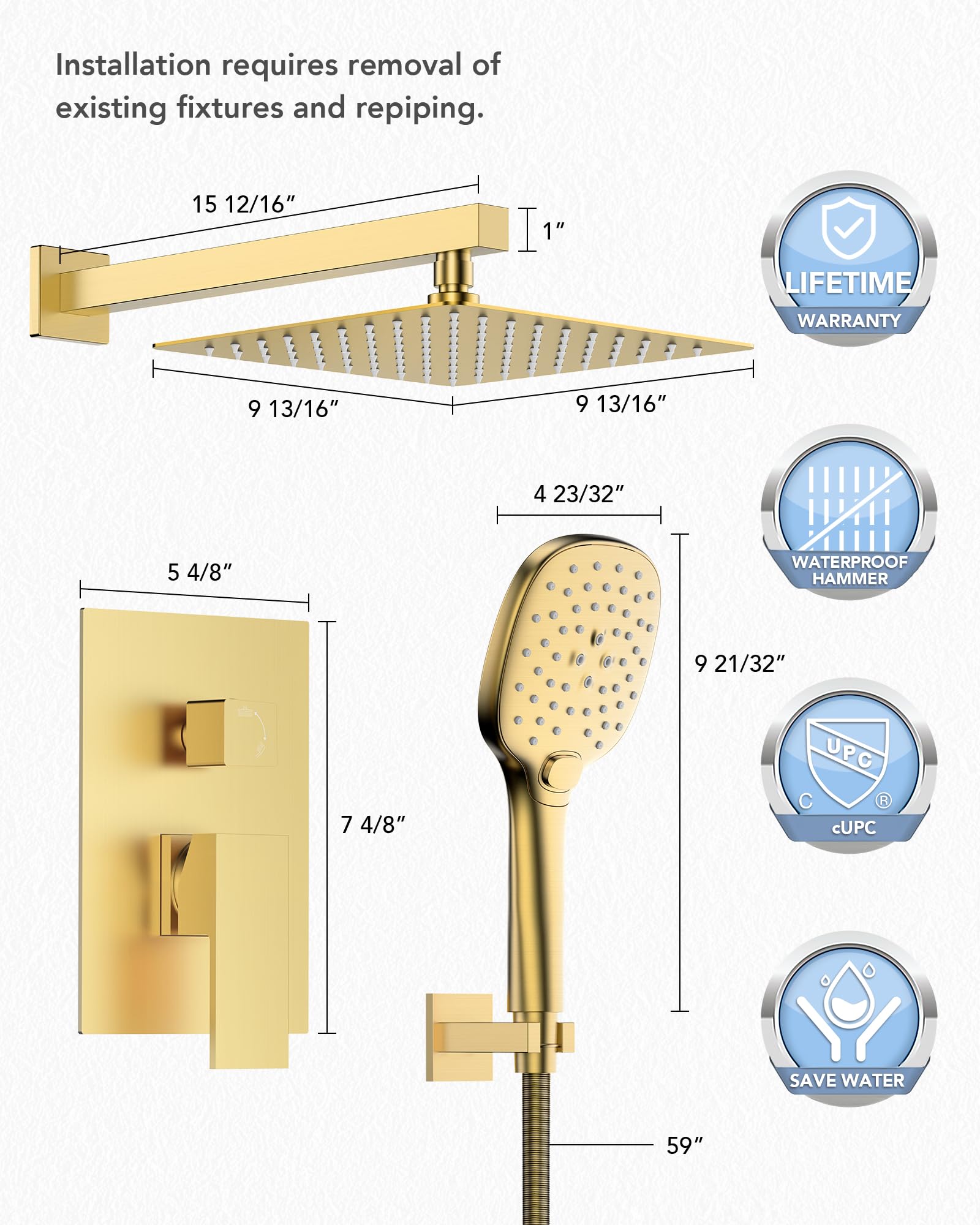 Premium Rainfall Shower System Set - 10 Inch Wall Mount Shower Faucet Kit with Handheld Spray, 2.5GPM Brushed Gold Finish, Includes Valve & Filter Accessories - Perfect for Modern Bathroom Renovation & Spa-Like Shower Experience