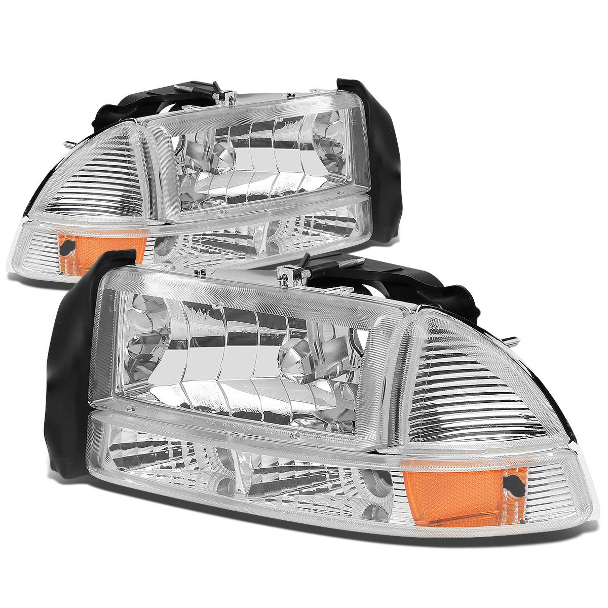 Auto Dynasty Halogen Headlights Assembly Replacement for 1997-2004 Dodge Dakota & Durango - Driver & Passenger Side Headlamps with Bumper Lamps & Chrome Housing (Amber Corner) - Perfect for Night Driving, Off-Road Adventures & Vehicle Restoration Projects