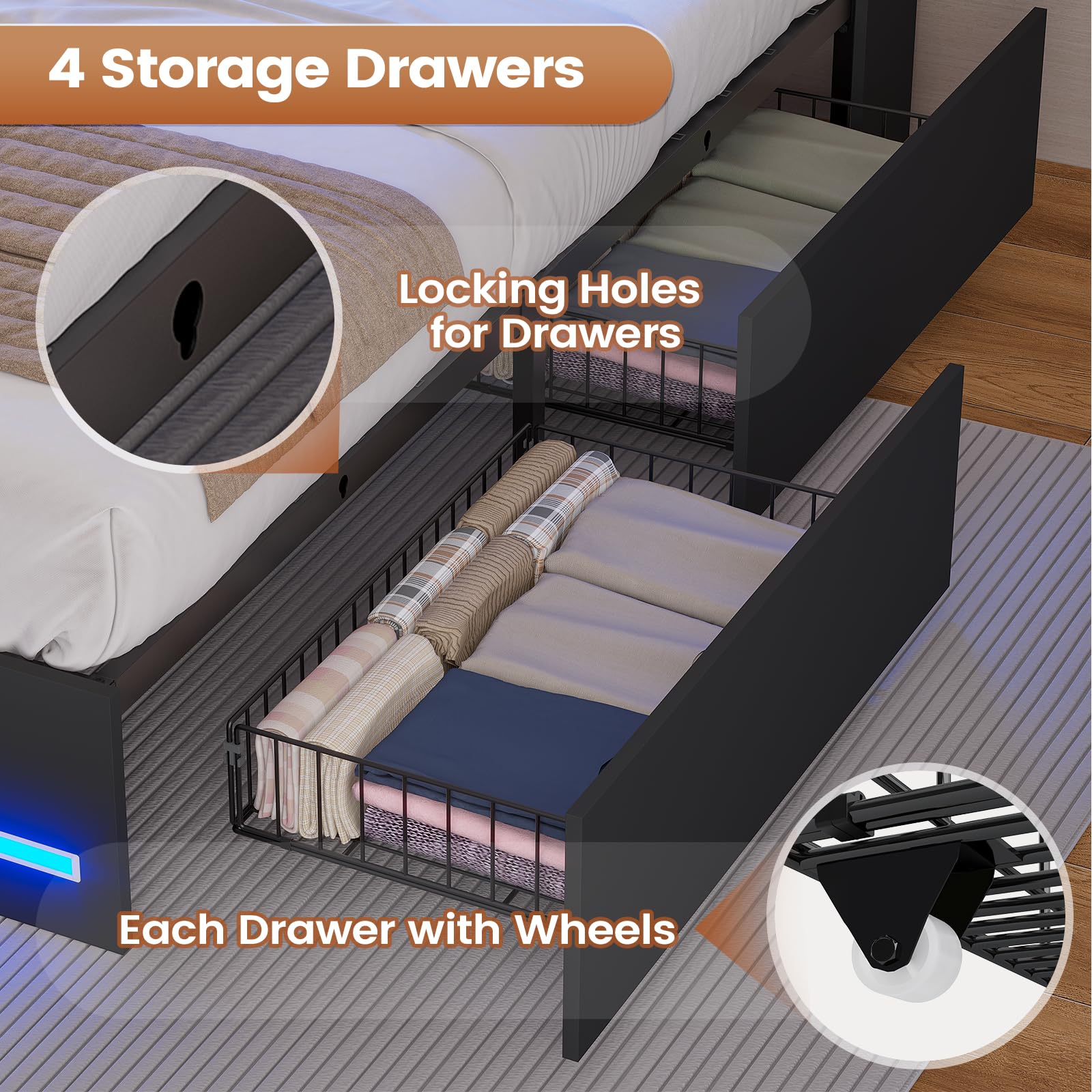 AOGLLATI Twin Bed Frame with 4 Storage Drawers, USB Charging Station & LED Lights - Modern Twin Size Bed with Bookcase Headboard & Metal Slats, No Box Spring Required - Perfect for Small Bedrooms, Dorms & Guest Rooms (Black)