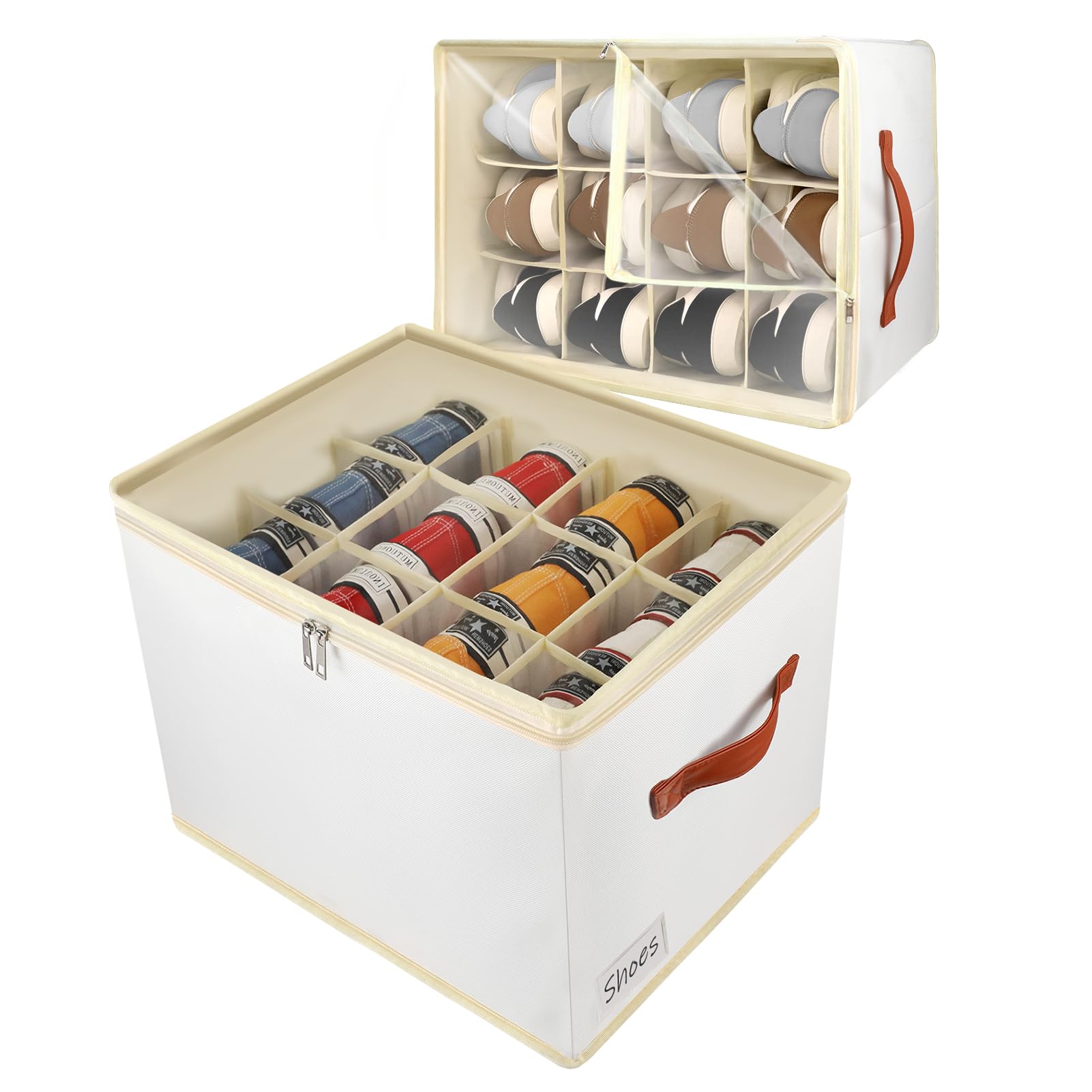 2 Pack Clear Stackable Shoe Storage Box Organizer - 24 Cell Space Saving Shoe Containers with Lids for Closet, Ottoman & Wardrobe | Foldable Shoe Rack Cabinet Cubby for Home Organization & Bedroom Storage