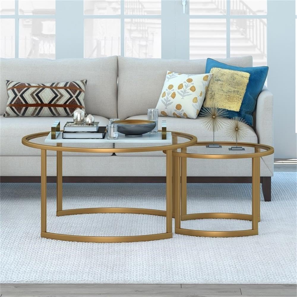 Stylish Metal Two-Tier Glass Top Brass Coffee Table for Living Room - Modern End Table with Storage Shelf for Home Decor