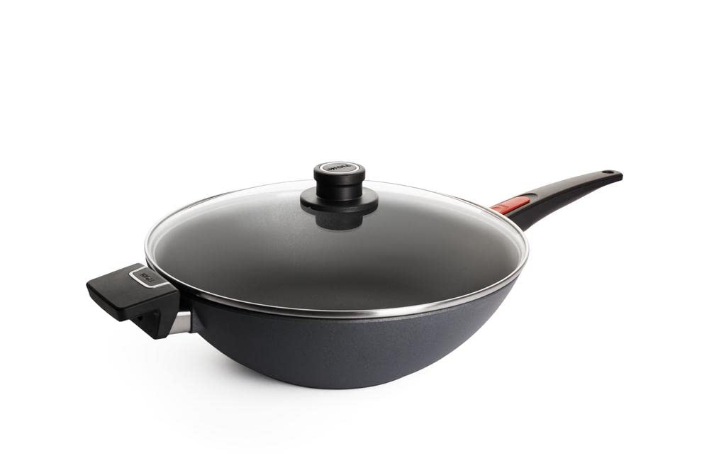 Woll Diamond Lite Cast Iron Wok Pan with Glass Lid - 34cm Diameter, 11cm Height, Removable Handle - Perfect for Stir-Frying, Sautéing & Asian Cooking