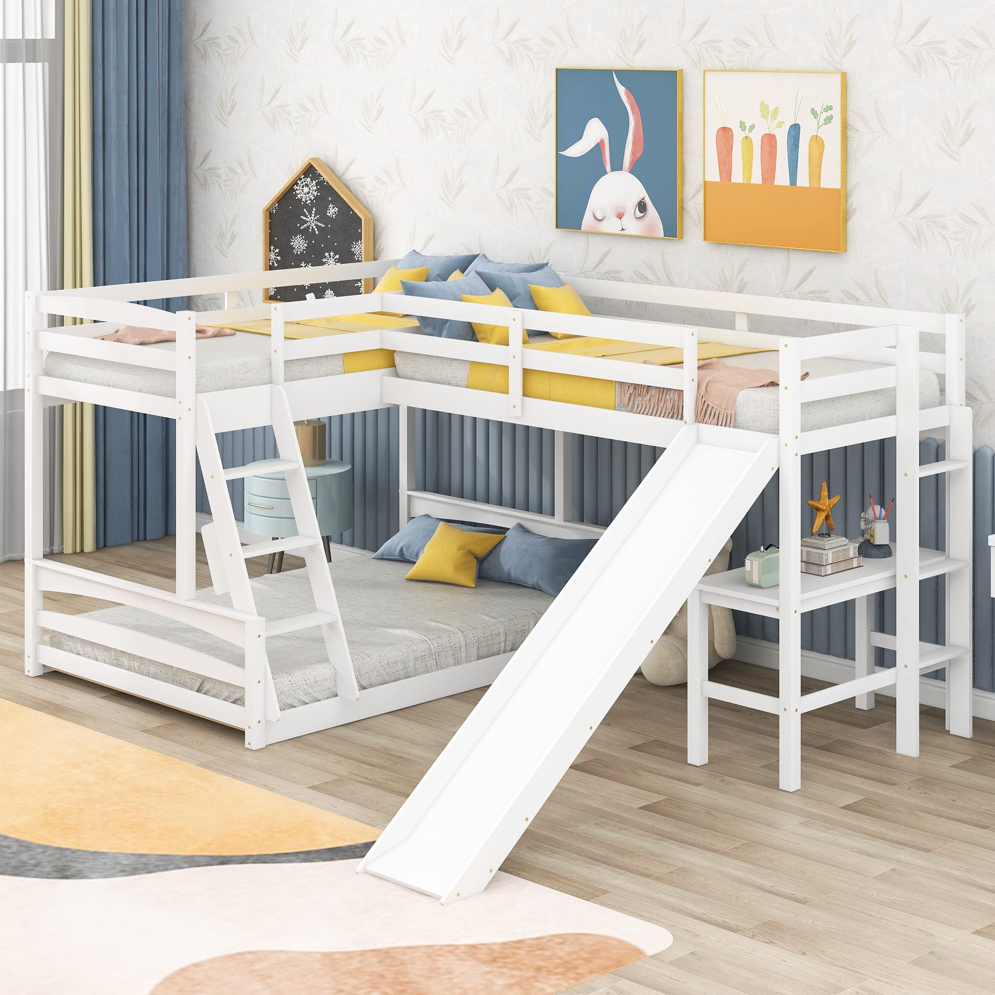 Merax White L-Shaped Bunk Bed with Loft - Twin Over Full Triple Bed Frame with Built-in Desk, Slide & Safety Guardrails | Perfect for Kids' Bedroom, Space-Saving Sleep Solution for Small Rooms & Shared Spaces