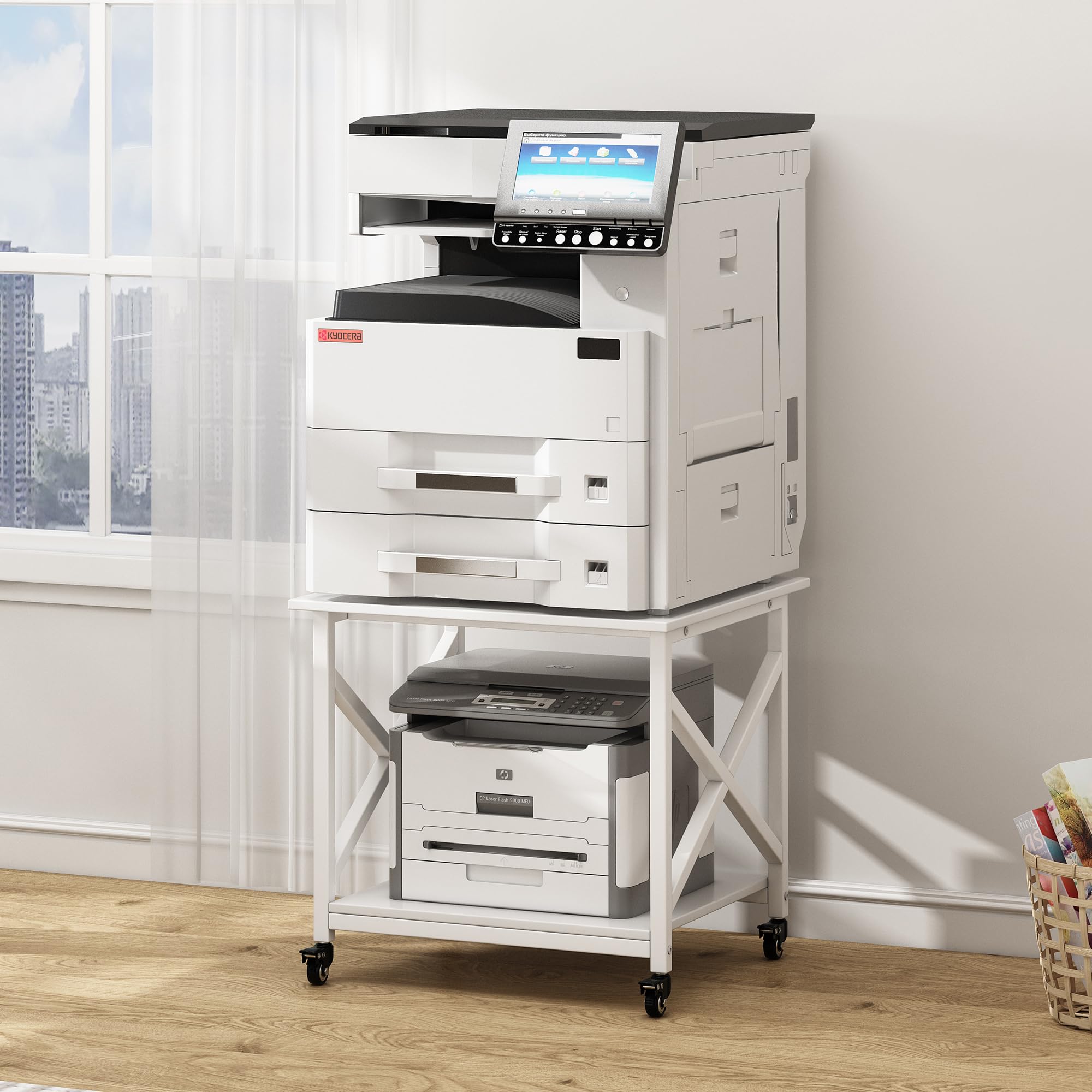 23.6 x 23.6 Inches Large Printer Stand with Storage Shelf | 2-Tier Square Rolling Cart with Wheels for Home Office | Compatible with Laser Printer, 3D Printer & Mini Fridge | Multi-Purpose Mobile Organizer for Workspace & Living Room - White