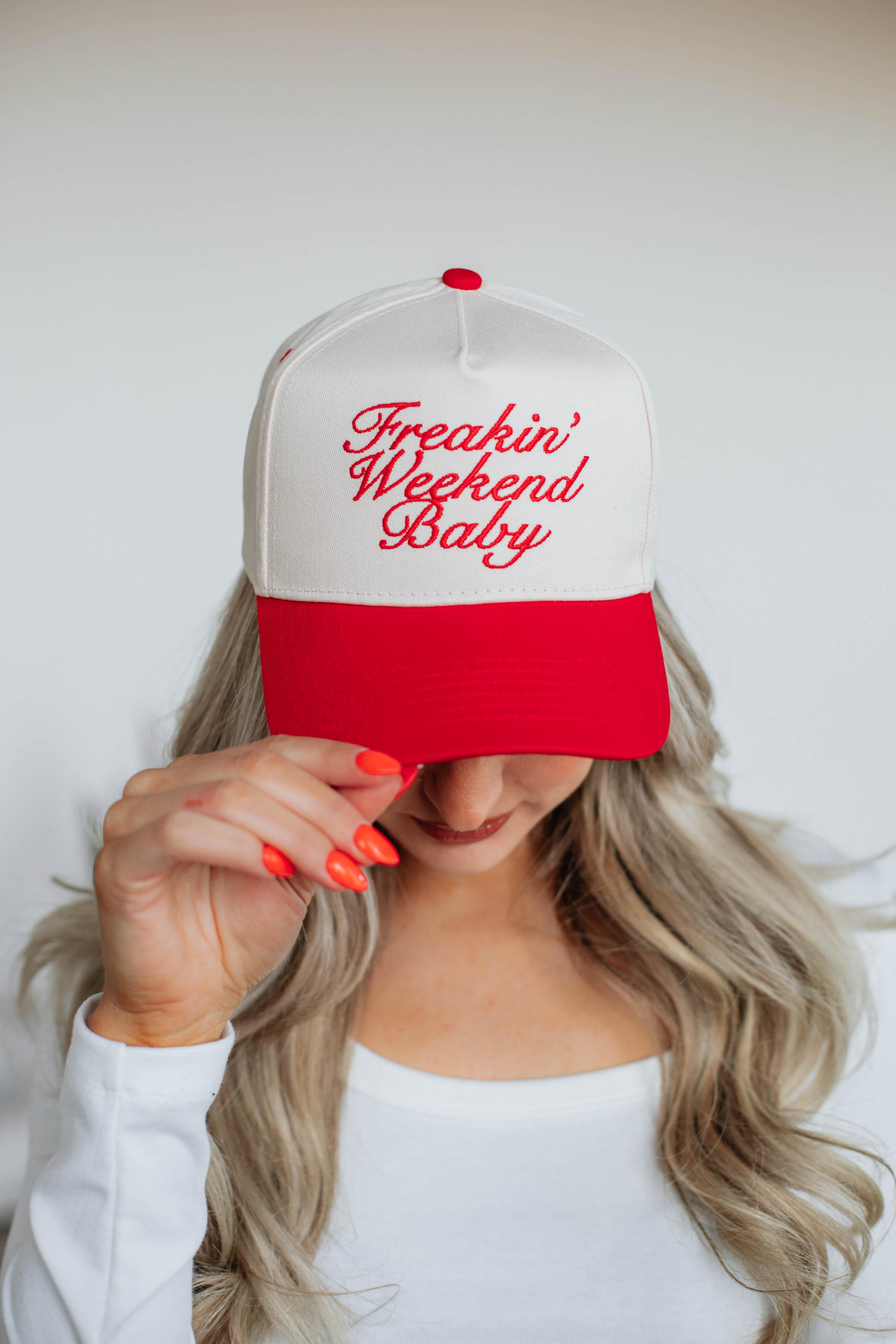 Freakin' Weekend Baby Trucker Hat - Stylish Red Baseball Cap for Men & Women | Perfect for Outdoor Activities, Music Festivals and Casual Wear