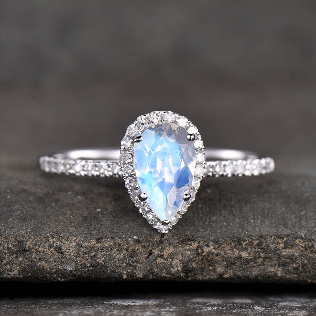 18K White Gold Water Drop Moonstone Ring with Diamond Halo | European & American Fashion Jewelry for Women | Perfect for Weddings, Parties & Everyday Elegance