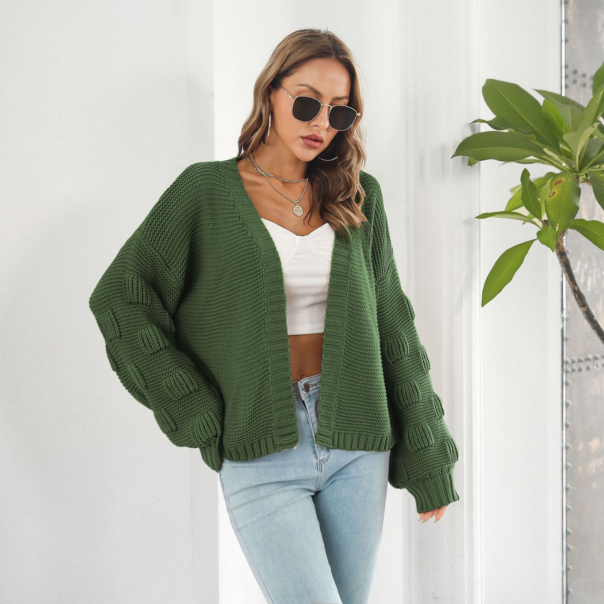 Women's Chunky Knit Puff Sleeve Cardigan Sweater - Cozy Front Button Knitwear Coat for Fall & Winter Layering
