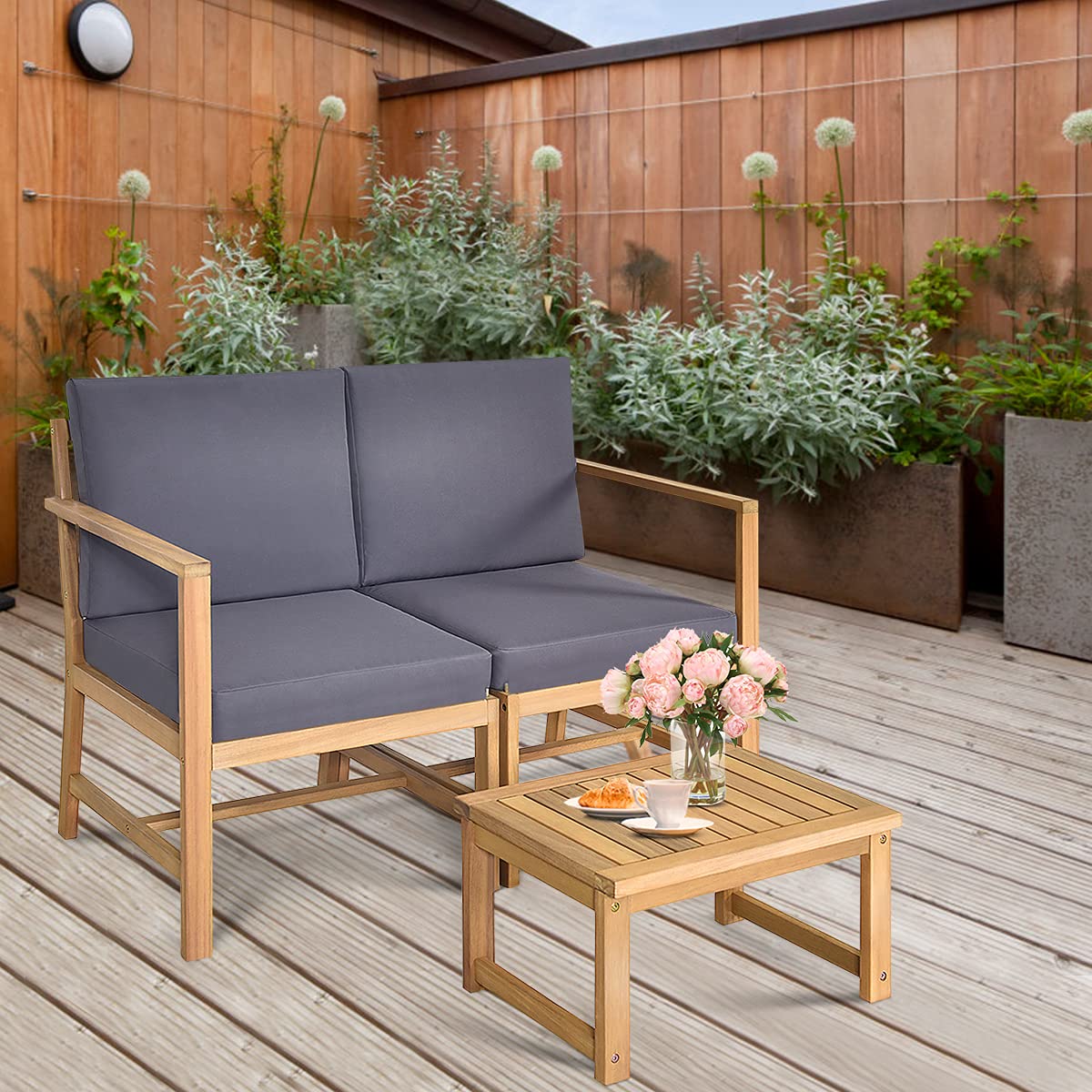 3-Piece Patio Conversation Set - Solid Acacia Wood Outdoor Furniture with 2 Chairs & Coffee Table - Weather-Resistant Balcony, Garden, Backyard Set for Indoor/Outdoor Use - Perfect for Relaxing, Entertaining & Small Space Decor (Natural Teak Finish)