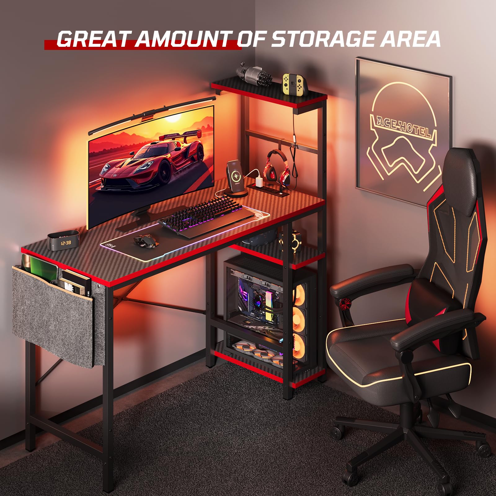 Bestier 44 Inch Gaming Desk with Power Outlets & LED Lights - 4-Tier Reversible Shelves, Headset Hook & Side Storage Bag - Ergonomic PC Gaming Table for Bedroom (Black 3D Carbon Fiber) - Perfect for Esports, Streaming & Home Office Setup