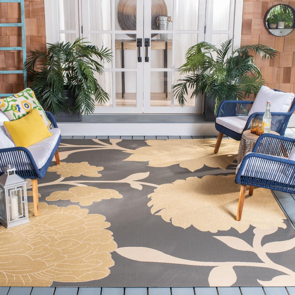 SAFAVIEH Courtyard Collection 8' x 10' Anthracite/Beige Indoor Outdoor Rug - Waterproof, Easy Clean, Non-Slip - Perfect for Patio, Backyard, Mudroom, Deck & Poolside Areas