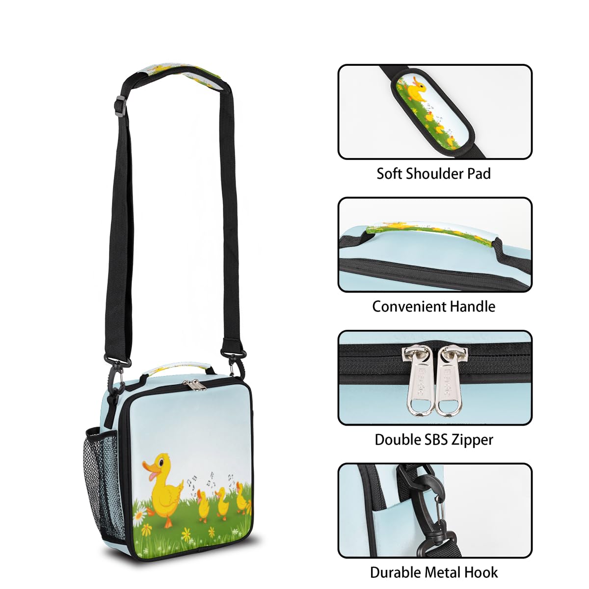Pardick Insulated Lunch Bag - Cute Duck Design Reusable Cooler Bag for Men, Women, Boys & Girls - Portable with Shoulder Strap (10.5 x 3.5 x 9.5 in) - Perfect for School, Work, Picnics & Outdoor Activities