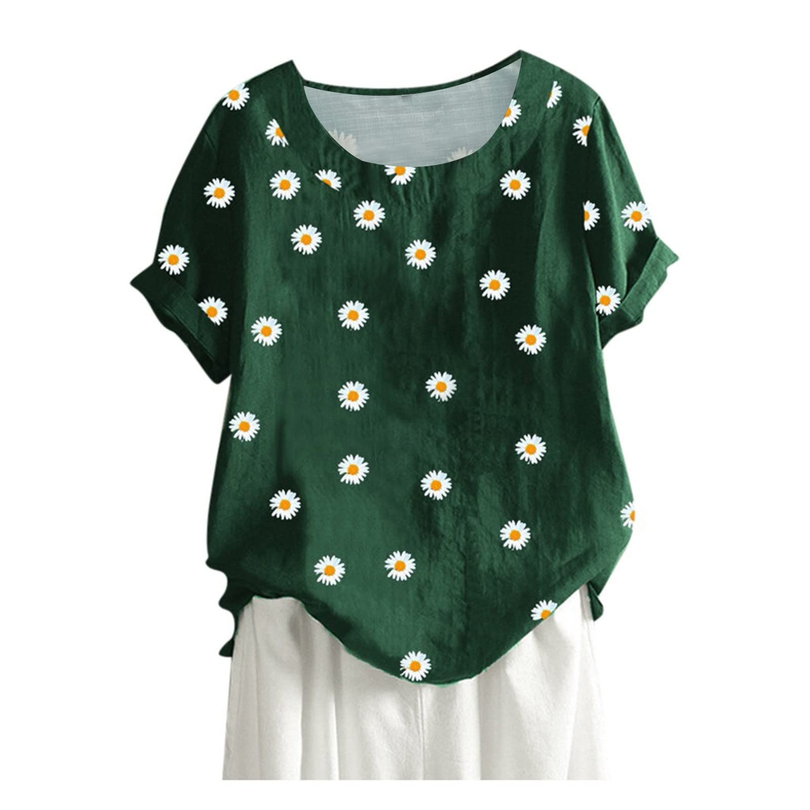 Women's Floral Print Cotton Linen Blouse - Round Neck Casual Plus Size Summer Shirt with Side Buttons | Perfect for Beach Outings, Vacation Wear & Everyday Casual Style