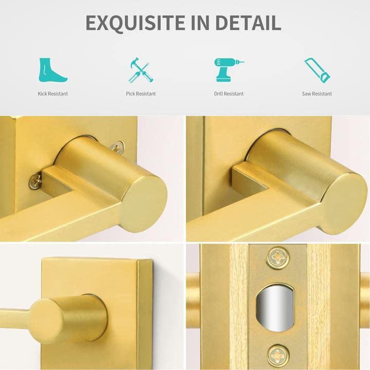 3 Pack Satin Brass Slim Door Lever Handles - Heavy Duty Passage Function for Closet & Interior Doors (Left/Right Handed) - Perfect for Bedrooms, Bathrooms & Cabinets