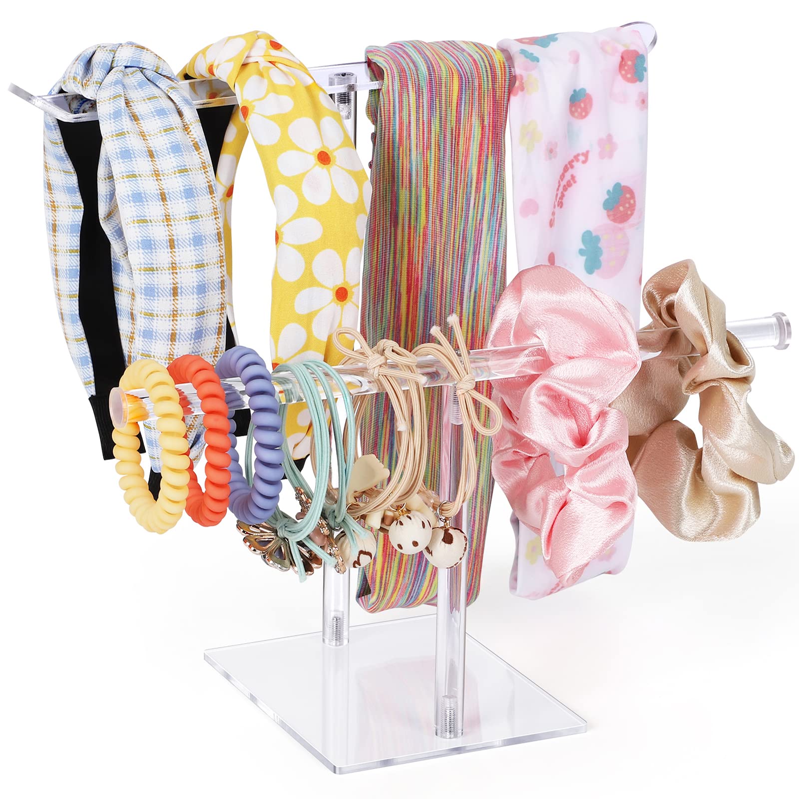 Clear Acrylic Headband & Scrunchie Holder Organizer - Hair Ties Storage Display Stand for Women & Girls | Perfect for Bedroom Vanity, Bathroom Counter & Travel Makeup Bag Organization