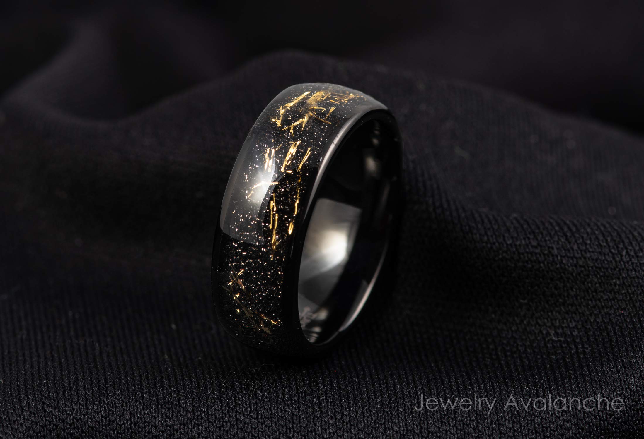 8mm Black Tungsten Wedding Band for Men with Yellow Meteorite Inlay - Comfort Fit Dome Engagement Ring - Perfect for Weddings, Anniversaries & Special Occasions