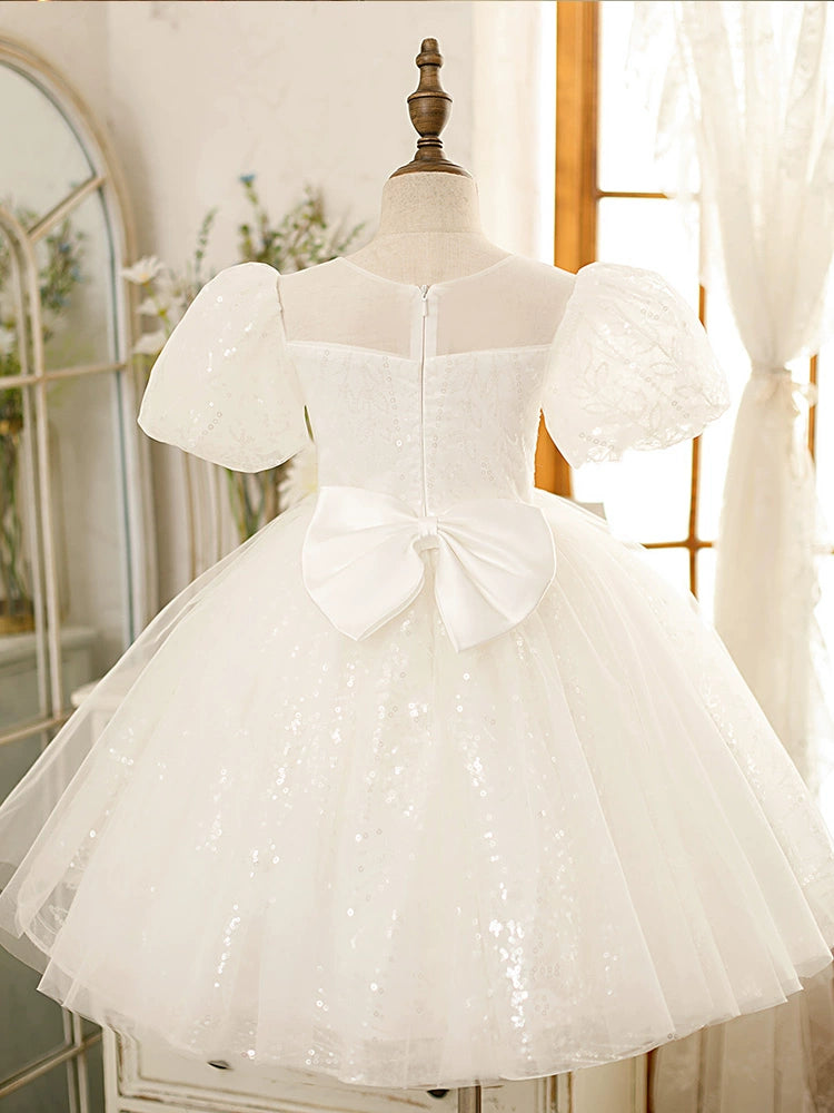 White Princess Round Tea Length Tulle Flower Girl Dress - Perfect for Weddings, Birthday Parties & Special Occasions