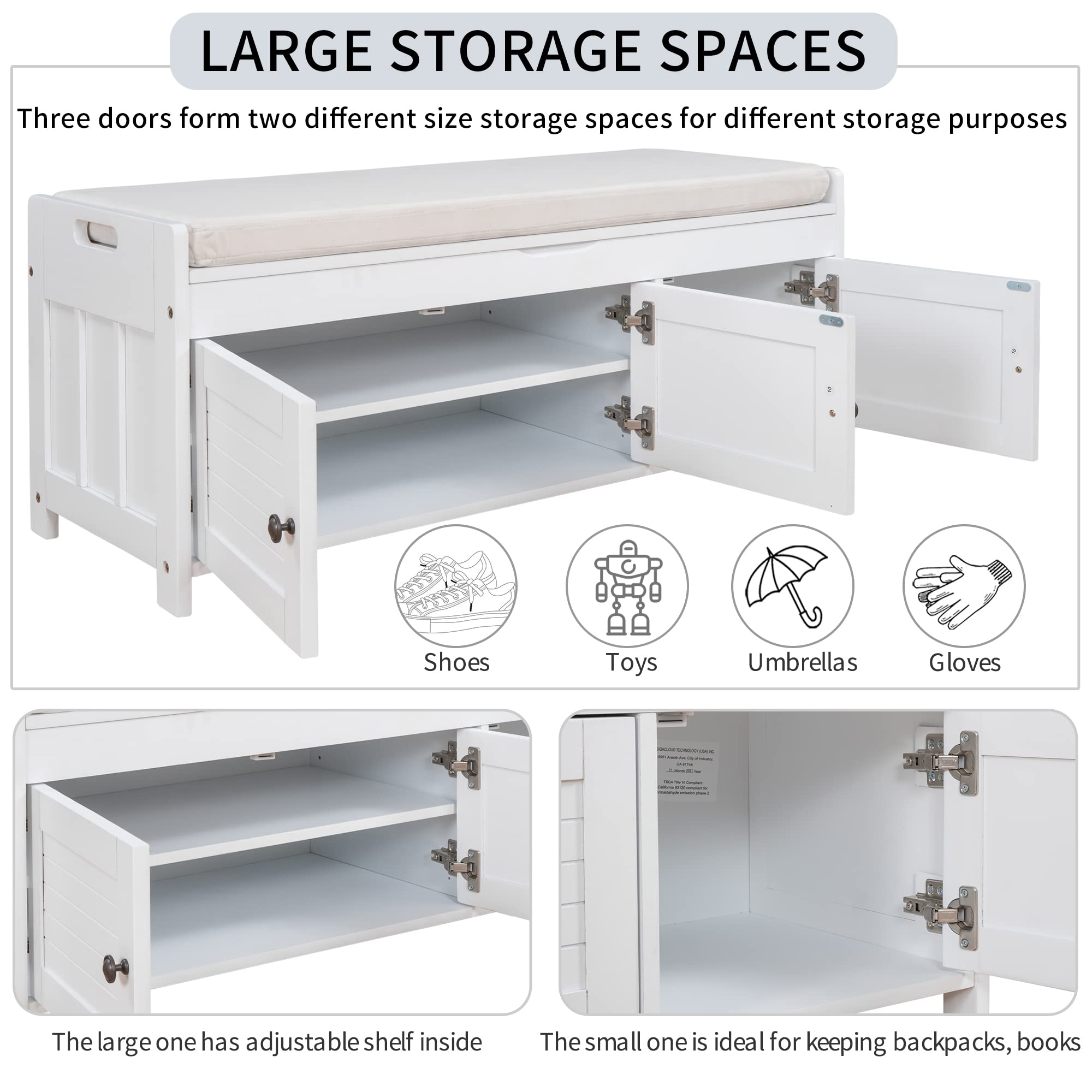 Merax Storage Bench with 3 Shutter Doors - Entryway Shoe Bench with Removable Cushion & Hidden Storage - Perfect for Living Room, Bedroom, Hallway Organization & Home Decor