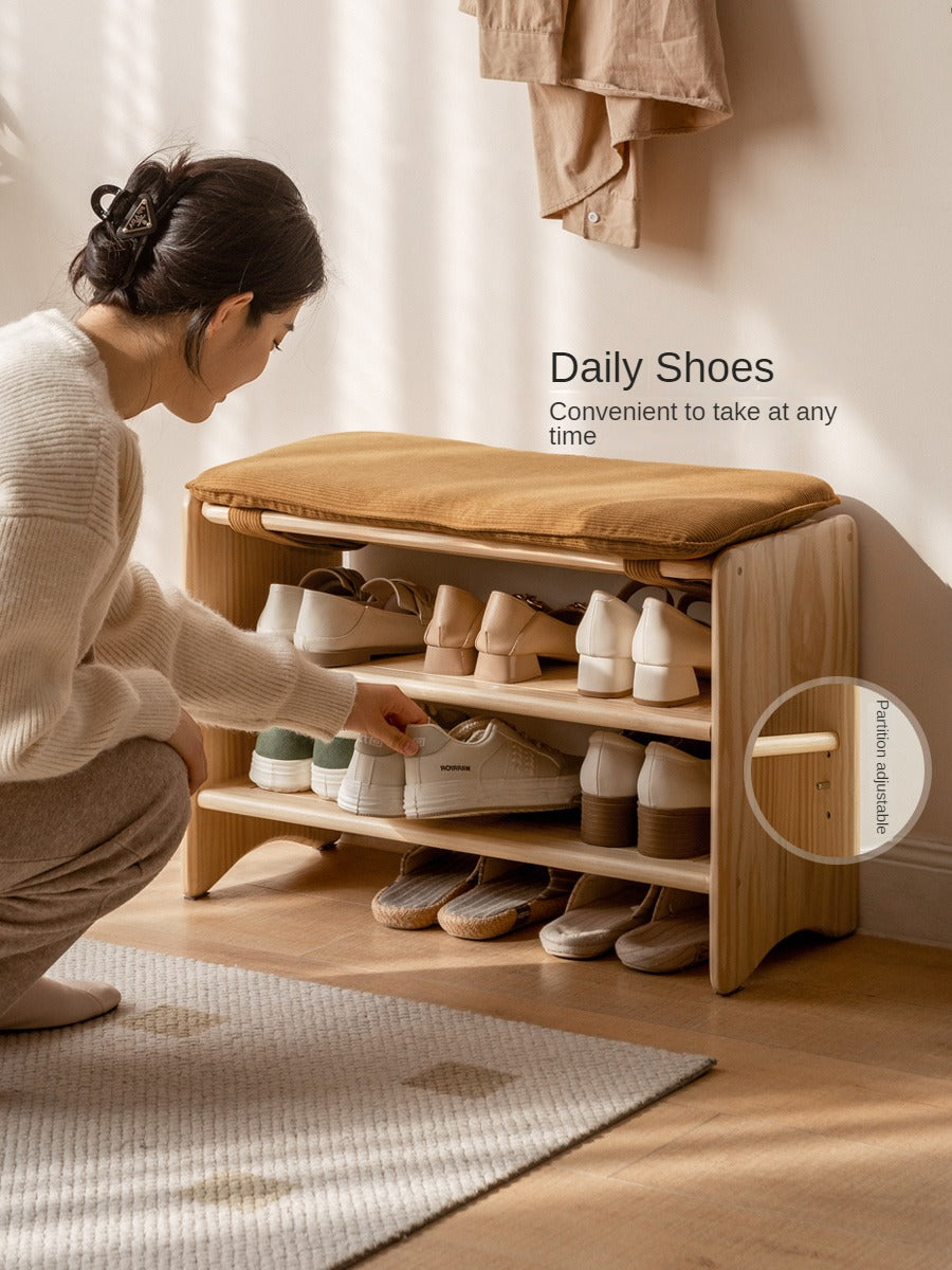 Solid Pine Wood Shoe Bench - 3-Tier Rustic Entryway Shoe Rack with Storage Shelf | Perfect for Mudroom, Hallway & Closet Organization (Natural Wood Finish)