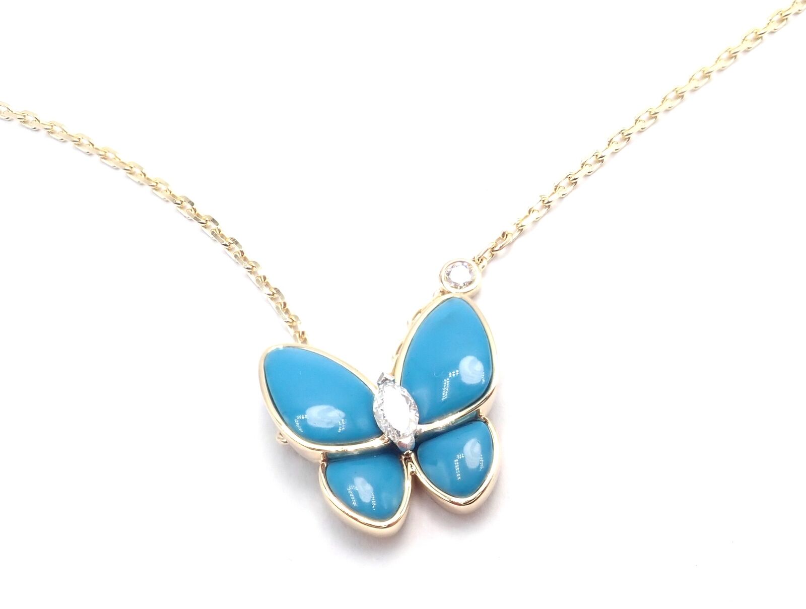 Van Cleef & Arpels 18k Gold Diamond Turquoise Butterfly Pendant Necklace with Certificate - Luxury Jewelry for Women, Perfect for Weddings, Anniversaries & Special Occasions