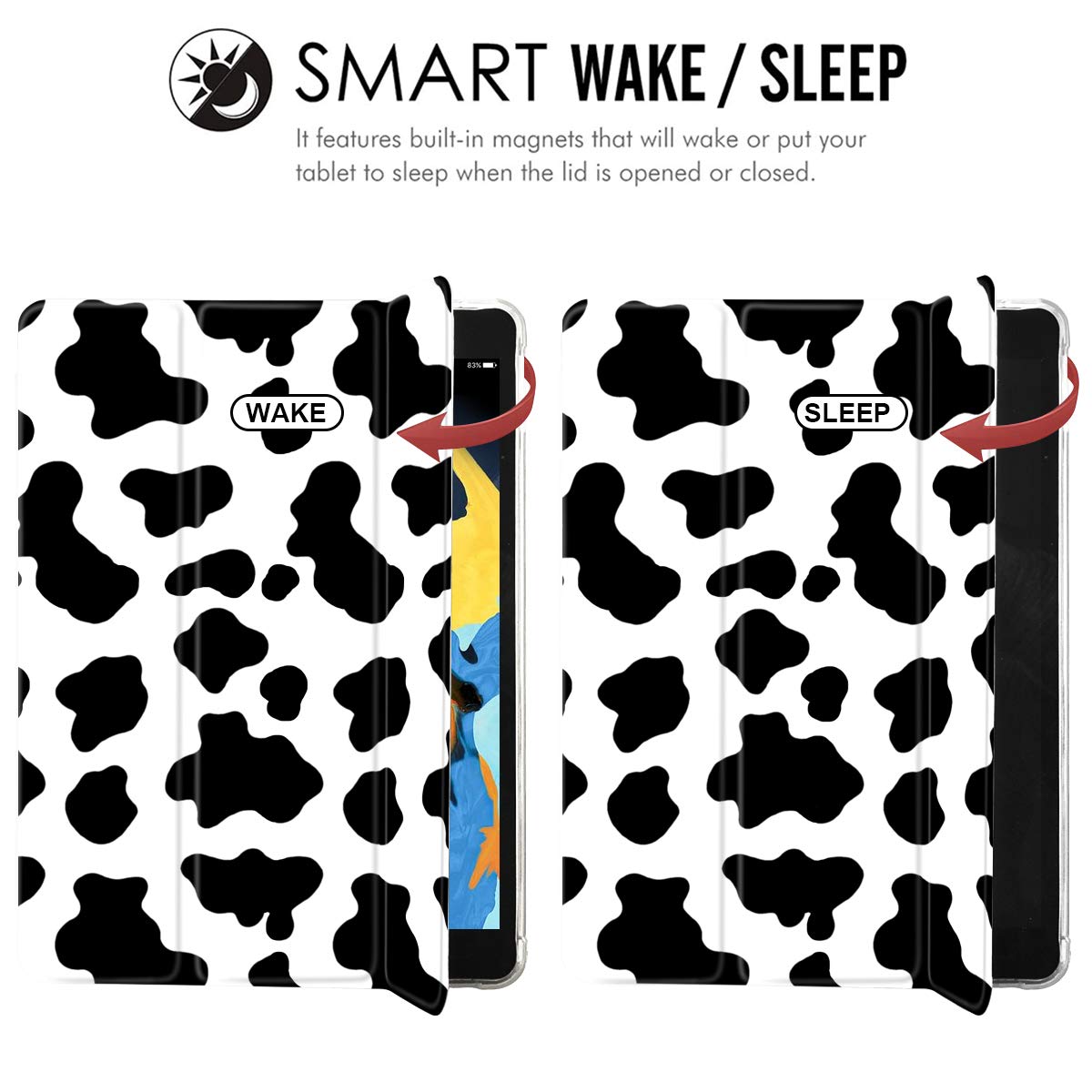 Idocolors Cow Print iPad Air 2 Case - White with Black & White Dalmatian Spots Pattern, Anti-Scratch Shockproof Lightweight TPU Trifold Stand Cover - Perfect for Work, School & Travel Protection