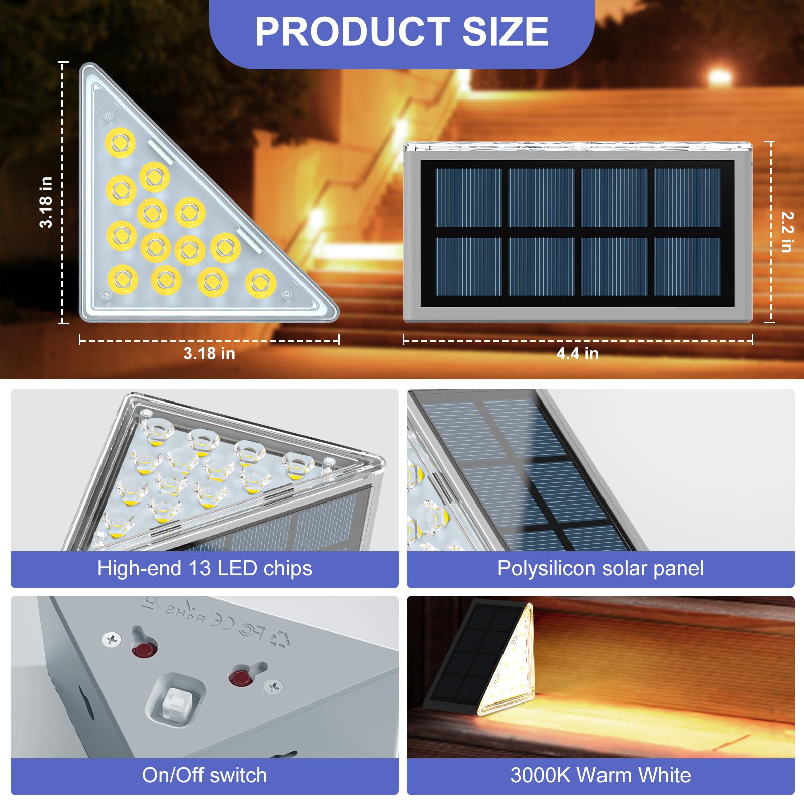 6 Pack Solar Step Lights Outdoor Waterproof IP67 - 3000K Warm White Solar Powered Stair Lights for Front Porch, Pathway, Patio, Deck & Garden Decor | Weatherproof Landscape Lighting for Steps, Walkways & Outdoor Stairs