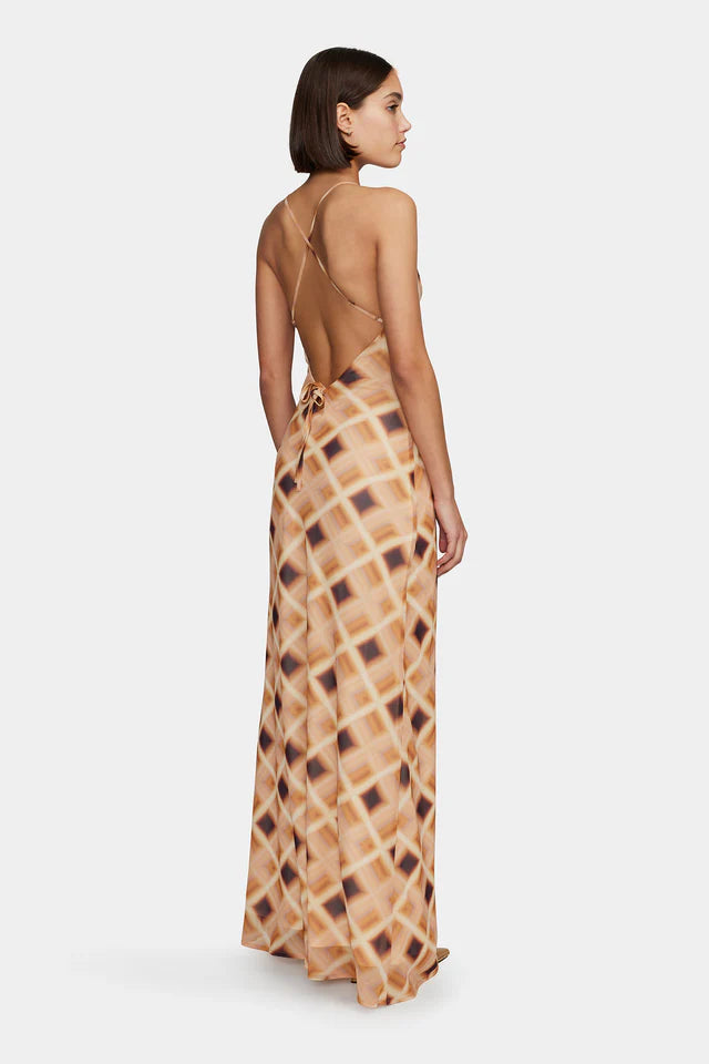 Elegant Remy Caramel Check Cowl Neck Strappy Maxi Dress for Women - Perfect for Weddings, Parties & Summer Vacations