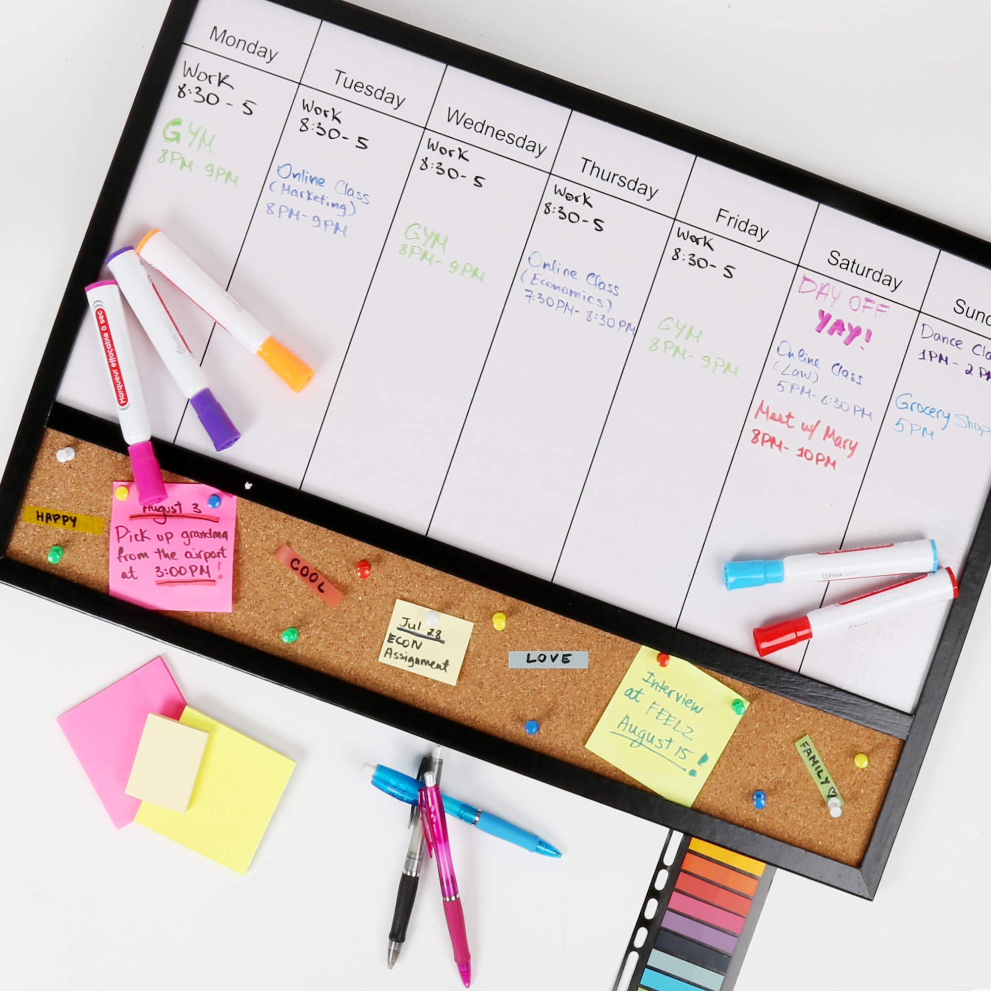 DESK TECH 16x24 Inch Multifunctional Weekly Planner - Dry Erase Whiteboard & Cork Bulletin Board Combo with Black Pinewood Frame - Perfect for School, Office, Home Organization & Wall Decor (Hangable) - Ideal for Scheduling, Memo Display & Vision Board Creation