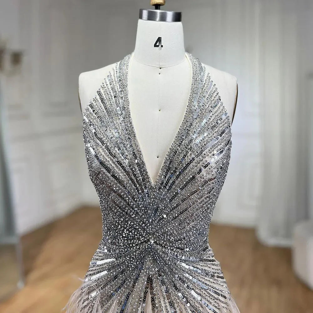 Serene Hill Luxury Beaded Feather Beige High Slit Mermaid Evening Dress for Women - Backless Formal Gown for Prom, Wedding, Red Carpet & Special Occasions