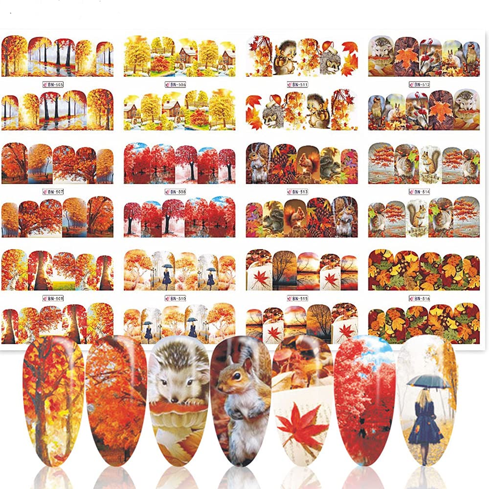 Thanksgiving Nail Stickers - 12 Fall Nail Art Designs with Squirrel & Maple Leaf Patterns | DIY Water Transfer Nail Decals for Women, Girls & Kids | Perfect for Thanksgiving Decorations, Holiday Parties & Seasonal Nail Art
