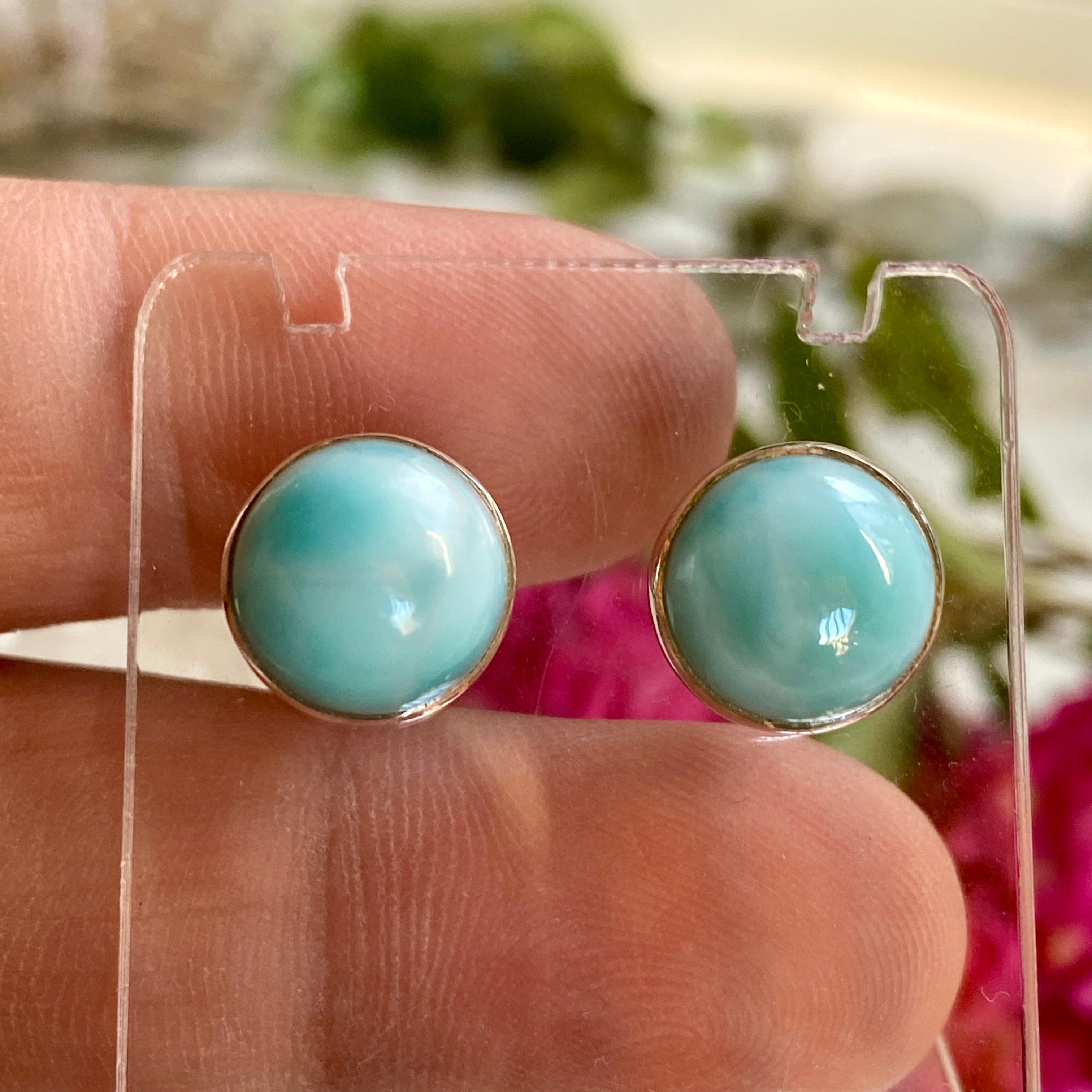 Larimar Round Stud Earrings KEGJ1004 - Handmade Gemstone Jewelry for Women, Perfect for Everyday Wear & Gift Giving