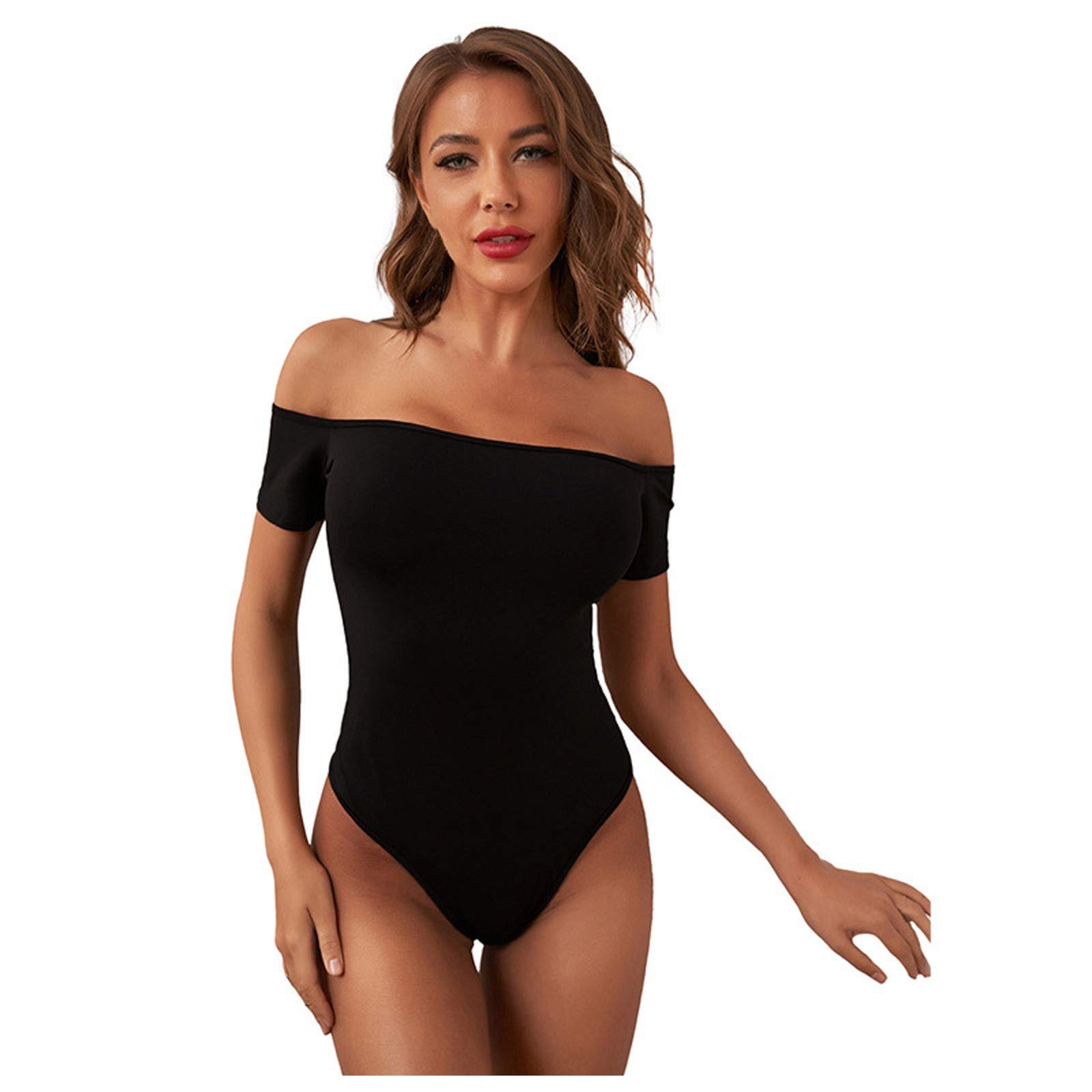 BGNTBUK Women's Off-The-Shoulder Elastic Bodysuit - Sexy Short-Sleeved Shirt & Stockings Lingerie Set | Perfect for Date Night, Boudoir Photography & Special Occasions