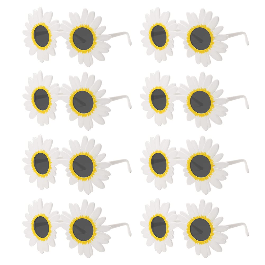 LUOZZY 8 Pcs Women's Daisy Sunglasses - Flower Round Fashion Glasses with White Tea Lenses for Summer, Beach, Music Festivals & Outdoor Parties