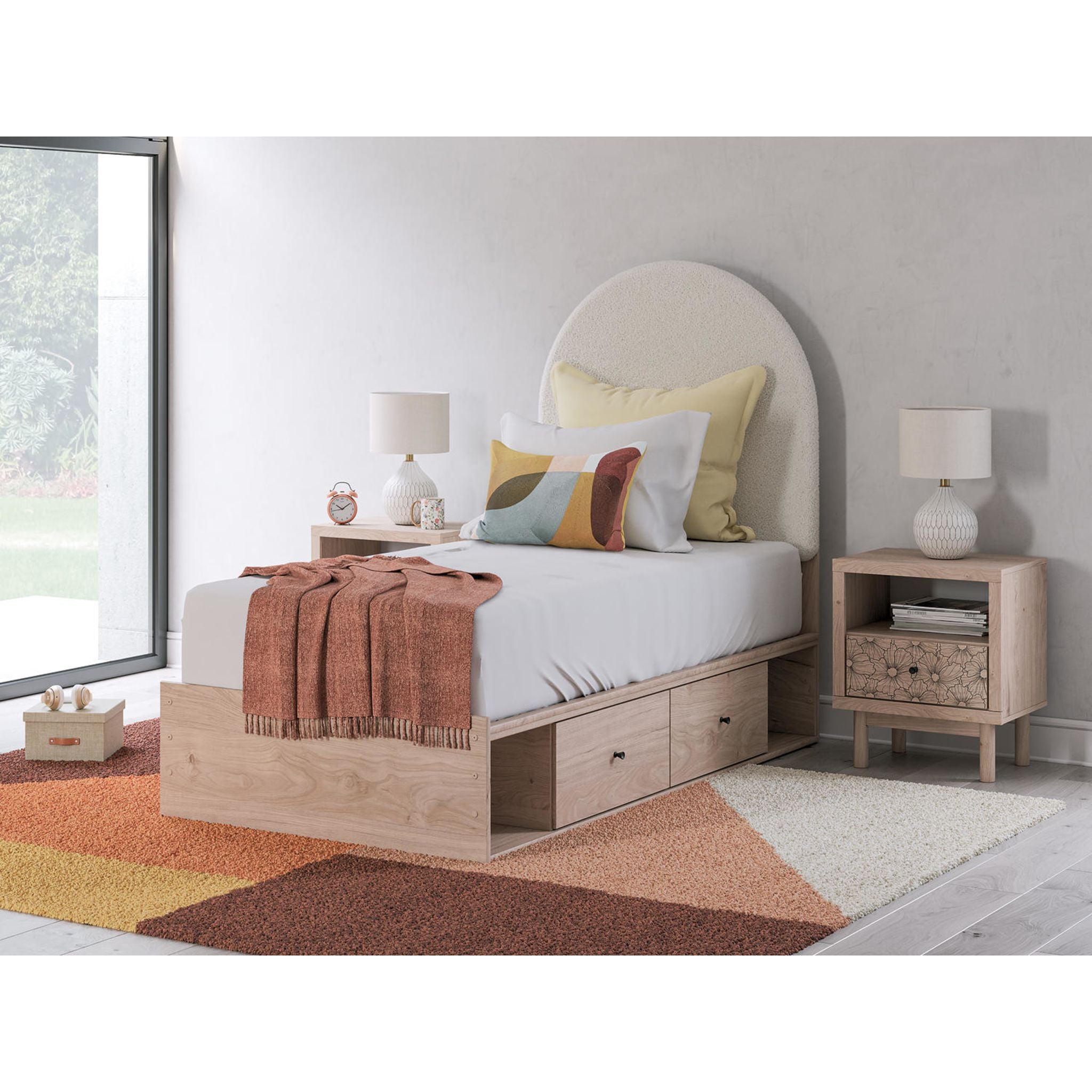 Arloster Modern Platform Bed Frame with 4 Storage Drawers - Tan & White Finish - Perfect for Small Bedrooms & Studio Apartments