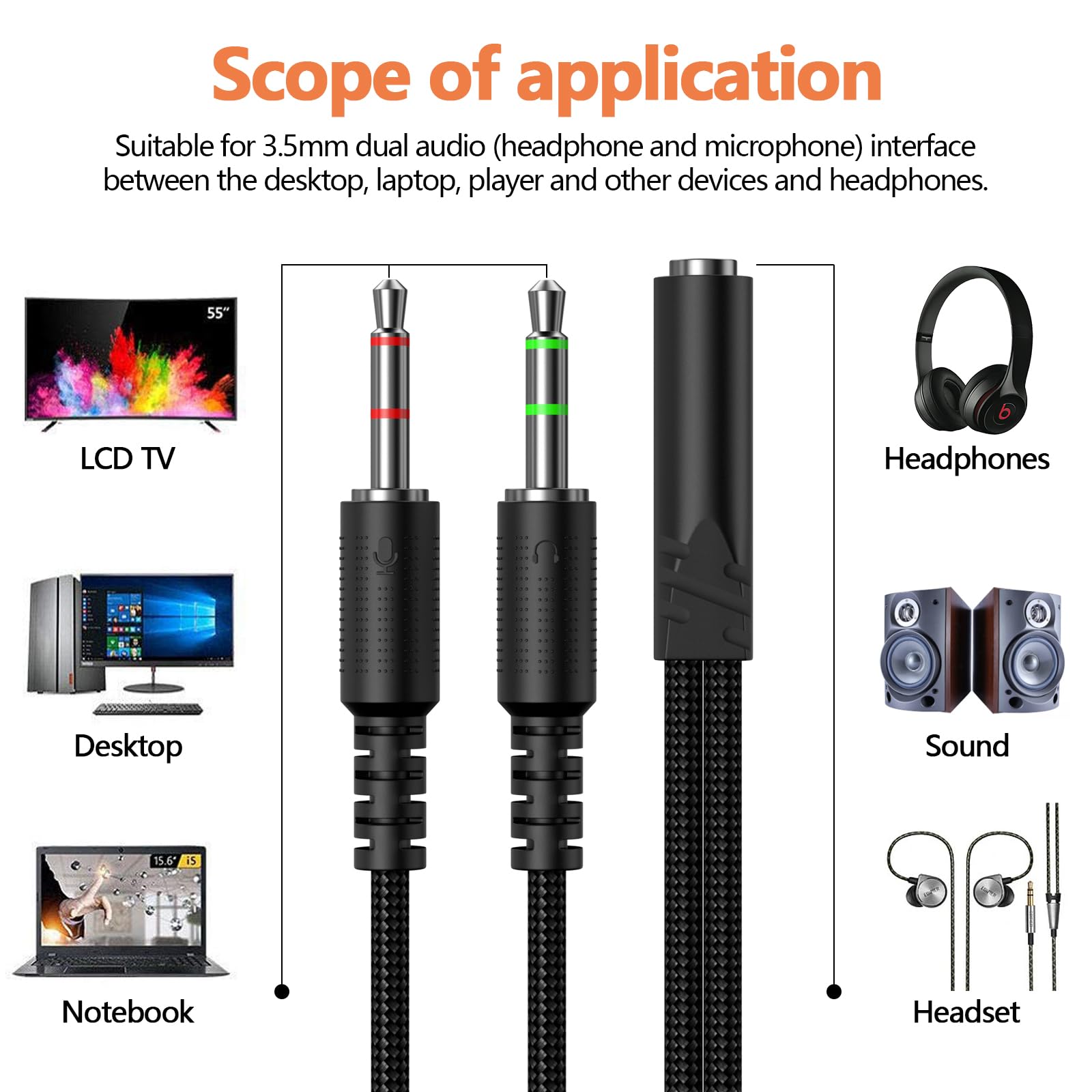 KOOPAO 3.5mm Headphone Splitter with Mic - Female to Dual Male Audio Cable for Gaming Headset, PC, Laptop & Speaker - Perfect for Multiplayer Gaming, Streaming & Conference Calls