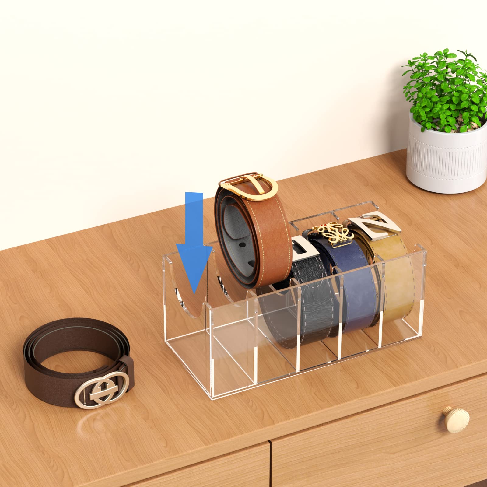 FEMELI Acrylic Belt Organizer - 5 Compartment Clear Storage Holder for Belts, Ties & Bow Ties | Closet & Wardrobe Organization Solution | Perfect for Home, Retail Stores & Travel Accessories