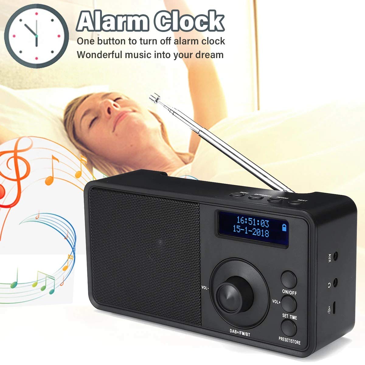 Portable Bluetooth Speaker with Digital Radio, LCD Display, FM, AUX, Alarm Clock - Wireless Stereo Sound for Outdoor, Travel, Home & Office Use